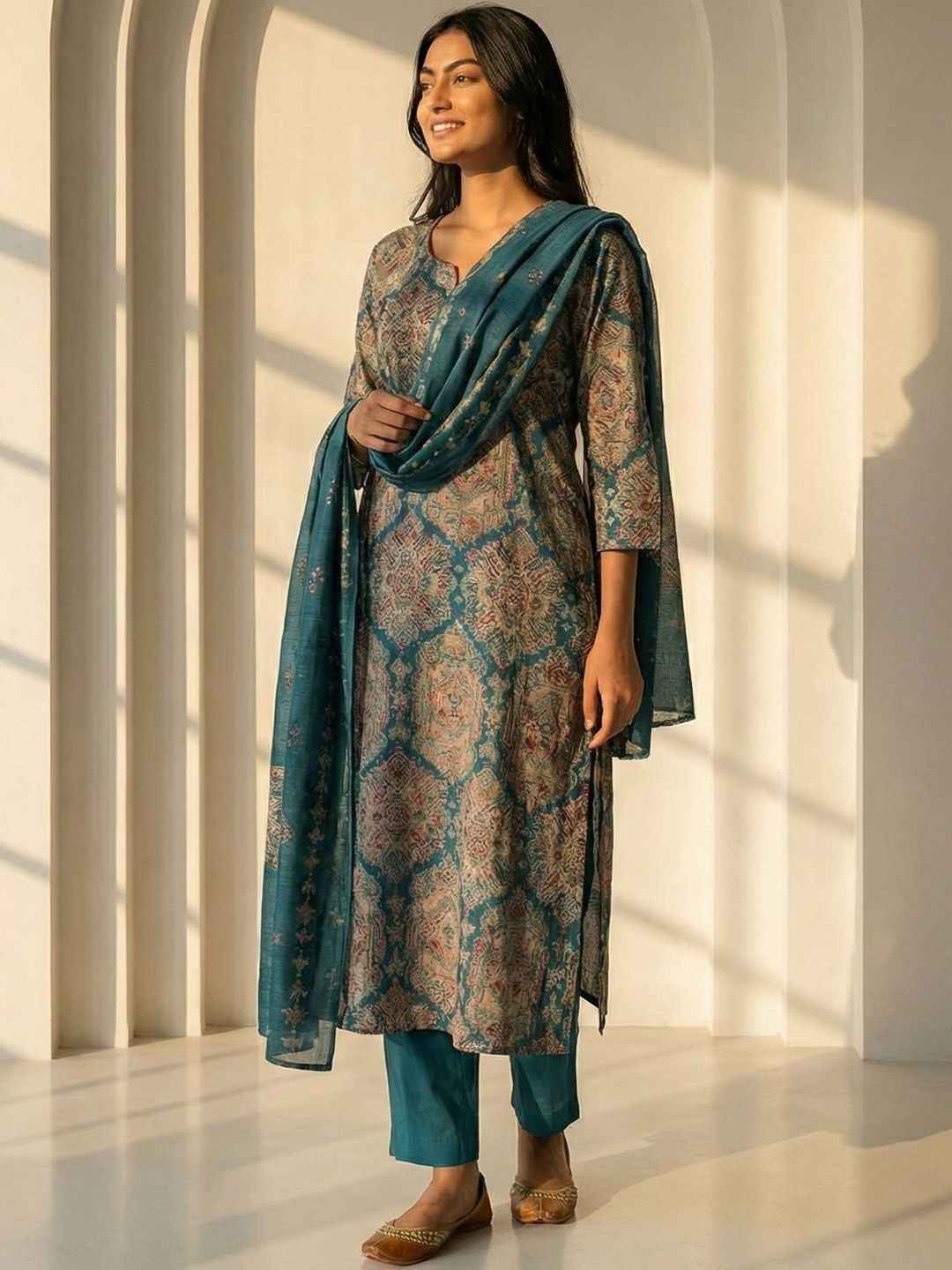 AANVI Women Ethnic Motifs Printed Regular Chanderi Silk Kurta with Trousers & With Dupatta