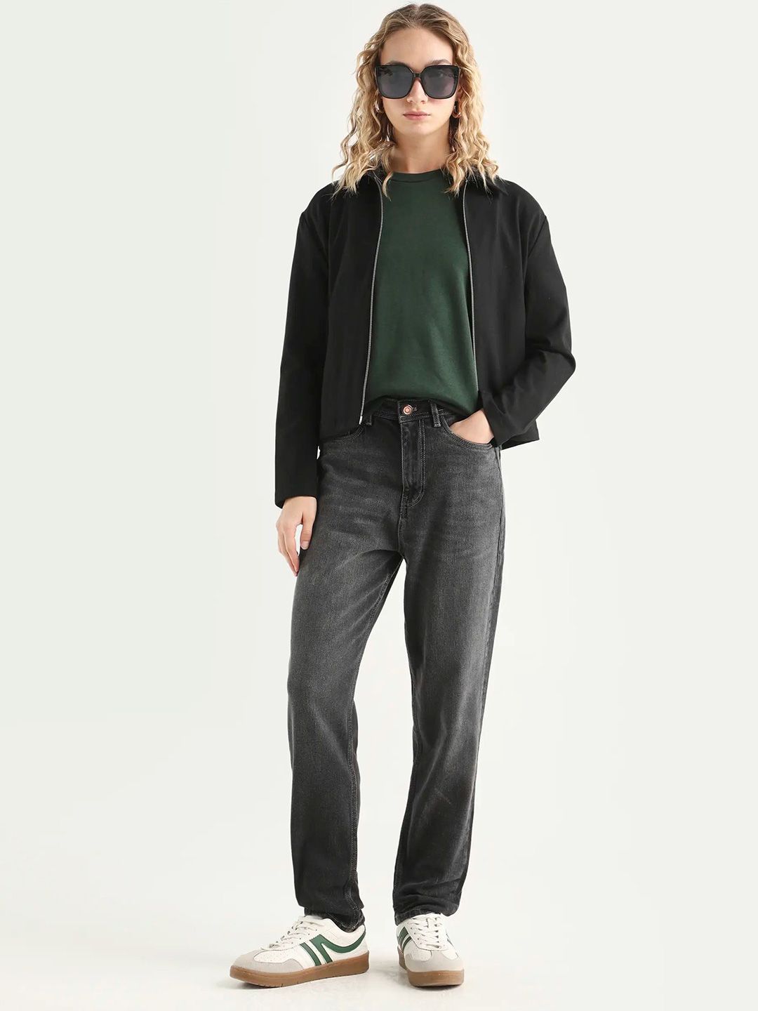 Grey Plain Mom Fit Fit Mid Rise Jeans