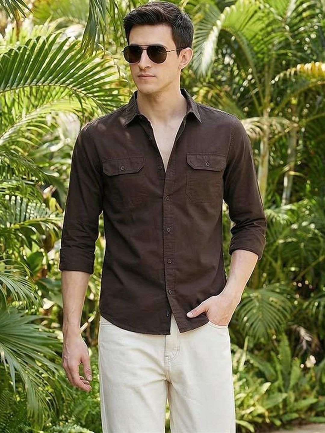 INDOPRIMO Mens Slim Fit Casual Double Flap Pockets Shirts