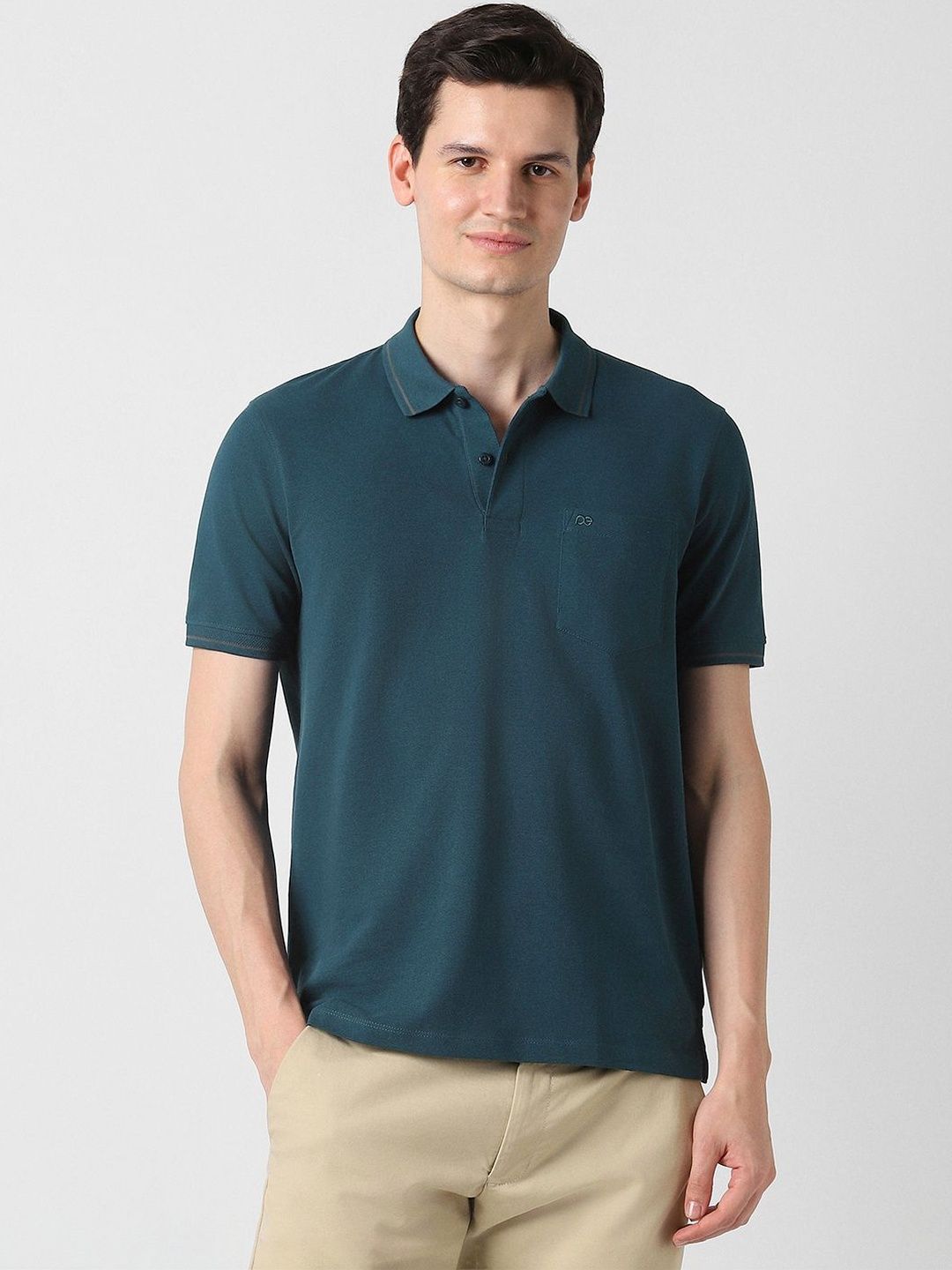 Peter England Casuals Men Blue Textured Polo Neck Tshirts