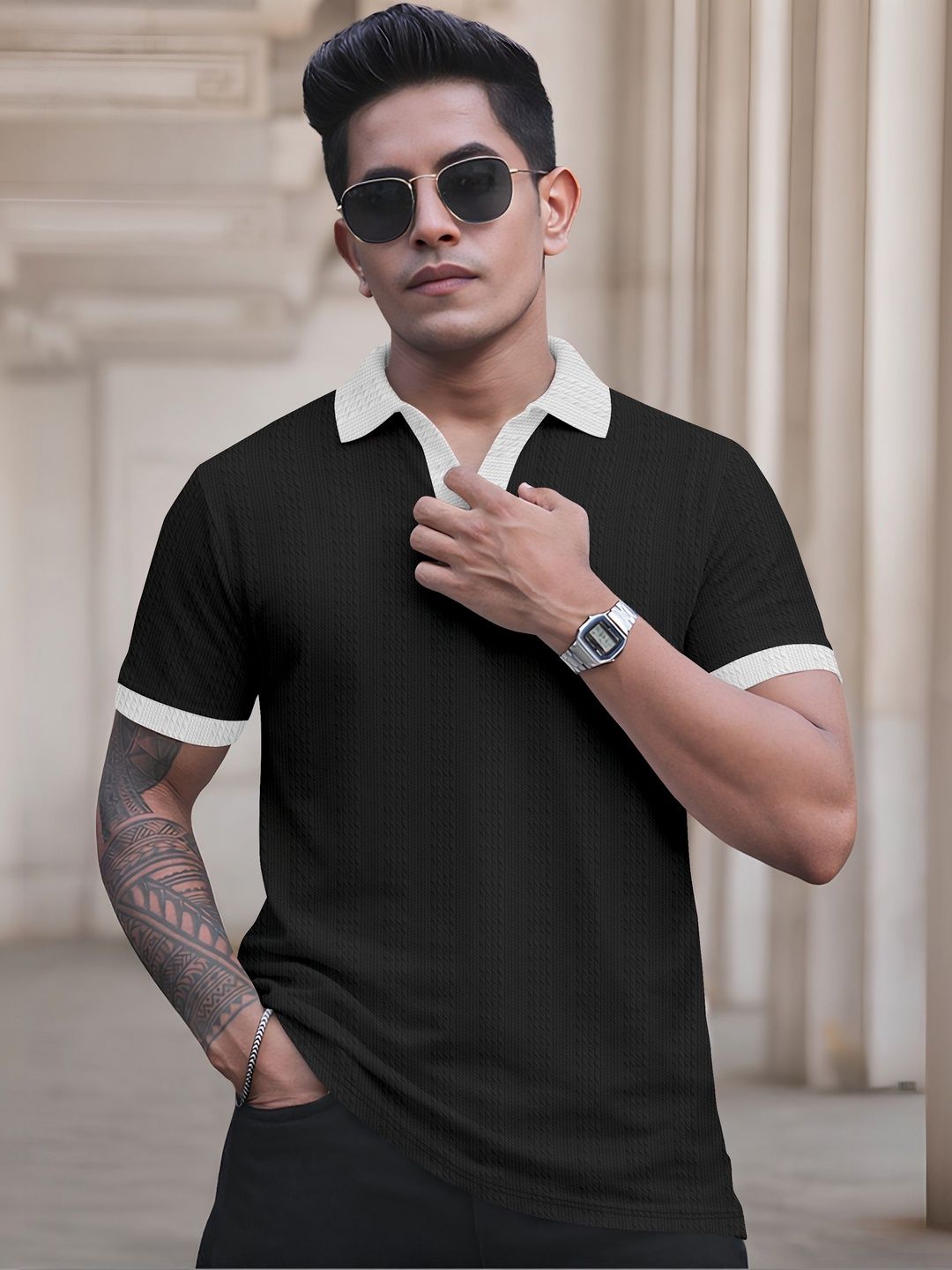 MODALEN Men Textured Polo V-neck Cotrast Collar Tshirts