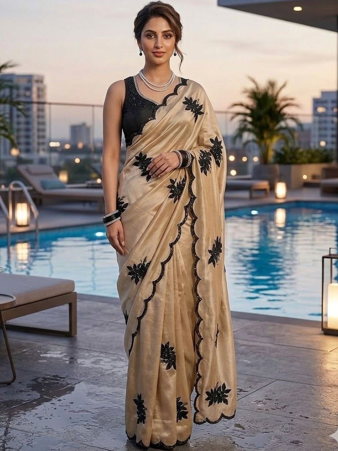 VRAGI VRAGI Beige Scalloped Border Contrast Black Blouse Piece & Sarees