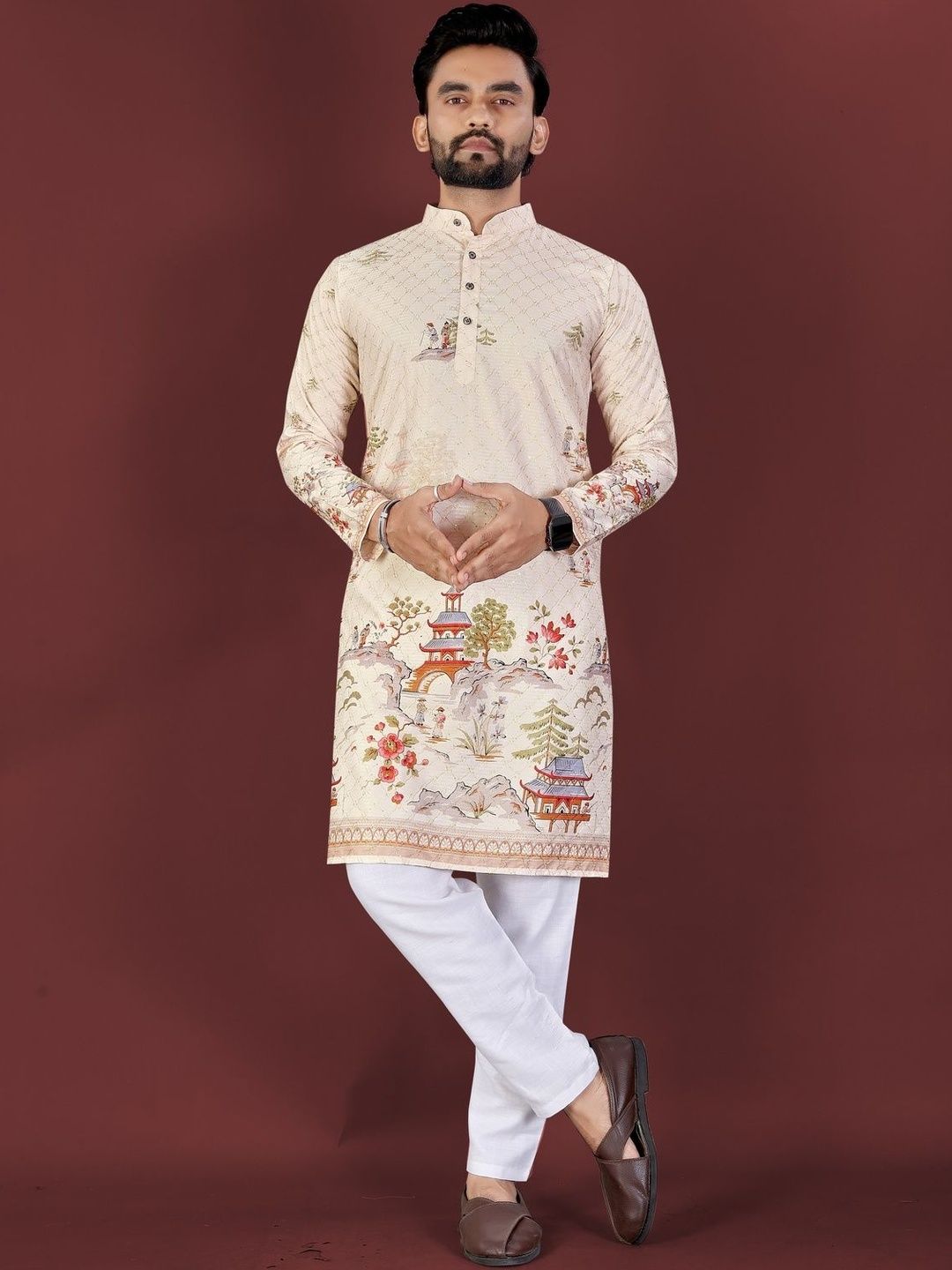 Moda Rapido Woven Design Mandarin Collar Straight Kurta