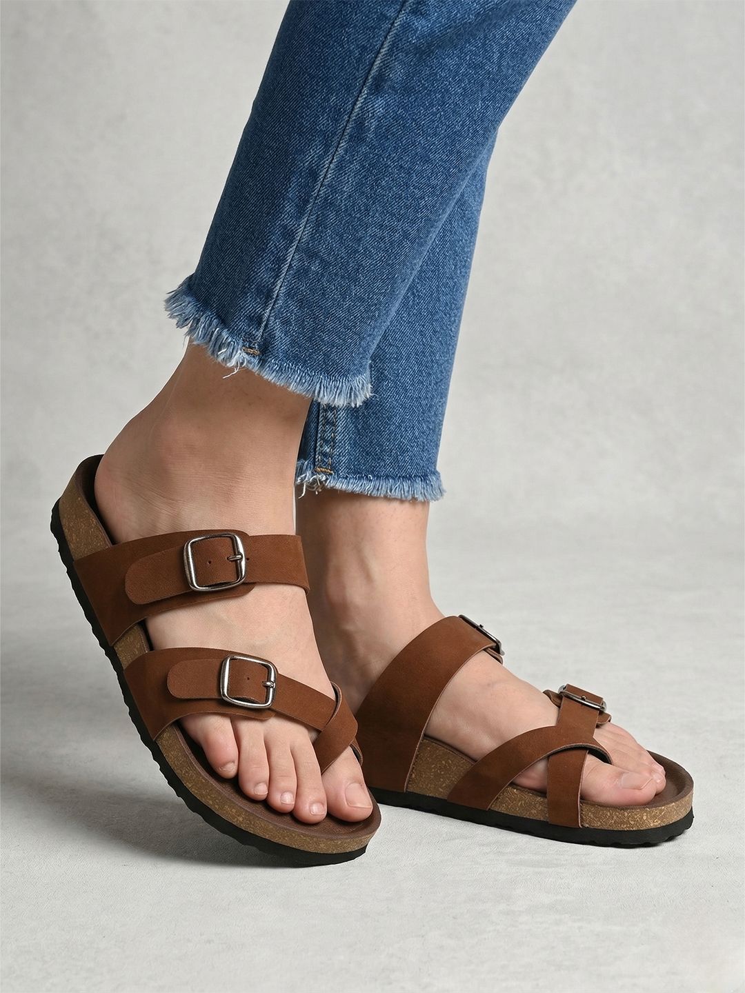 Mast & Harbour Women Solid Round Toe Buckles Leather Open Toe Flats