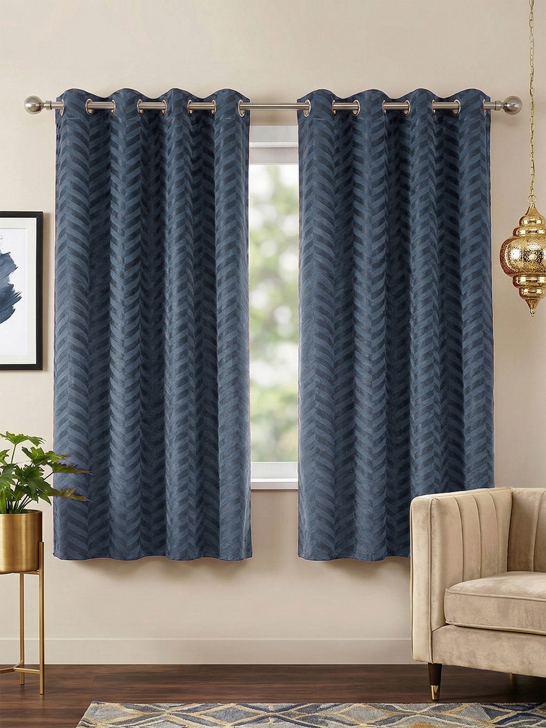 Story@home Grey Set of 2 Geometric Room Darkening Window Curtain