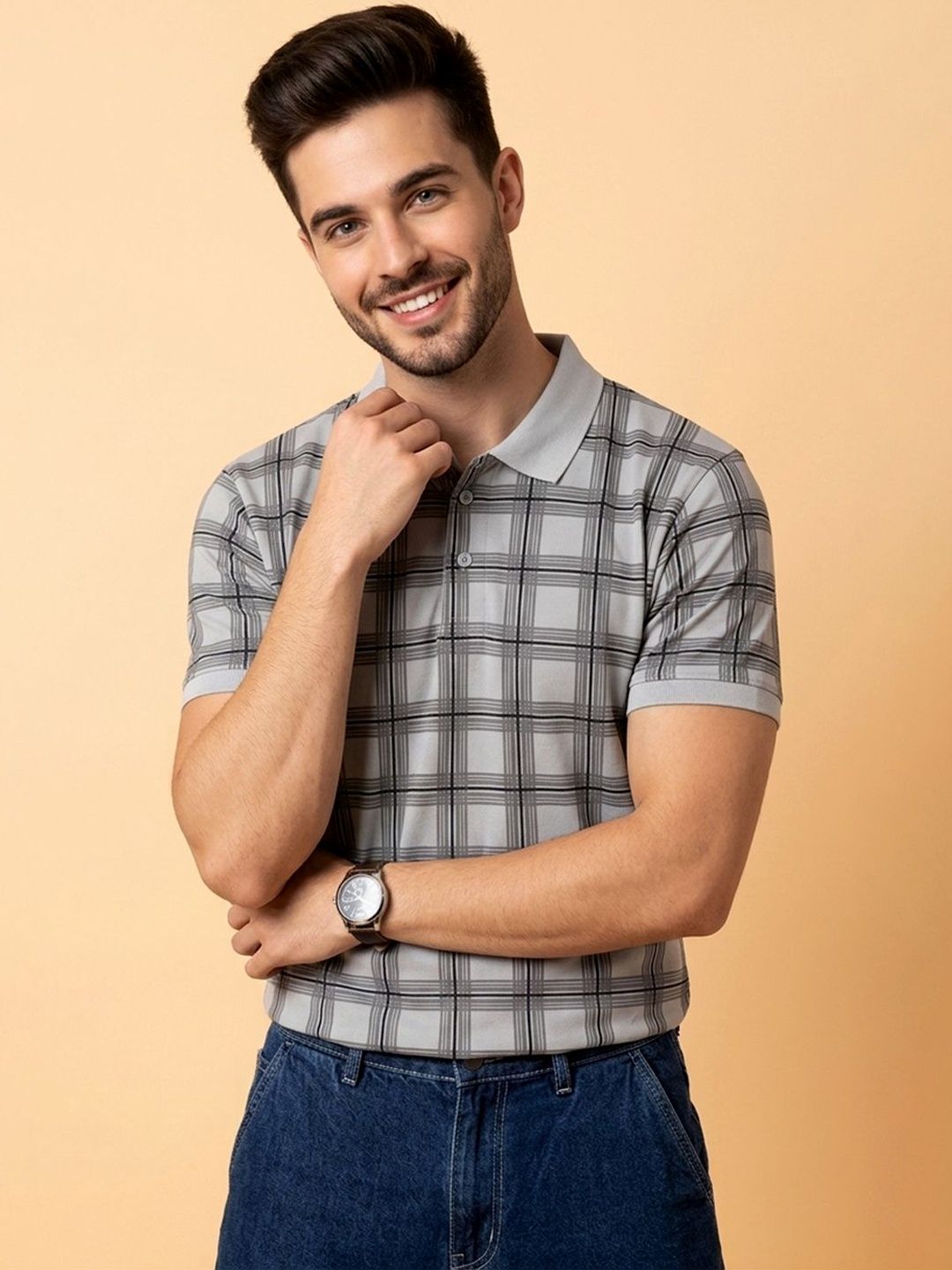 CLOUD COTTON Men Checked Polo Collar T-shirt
