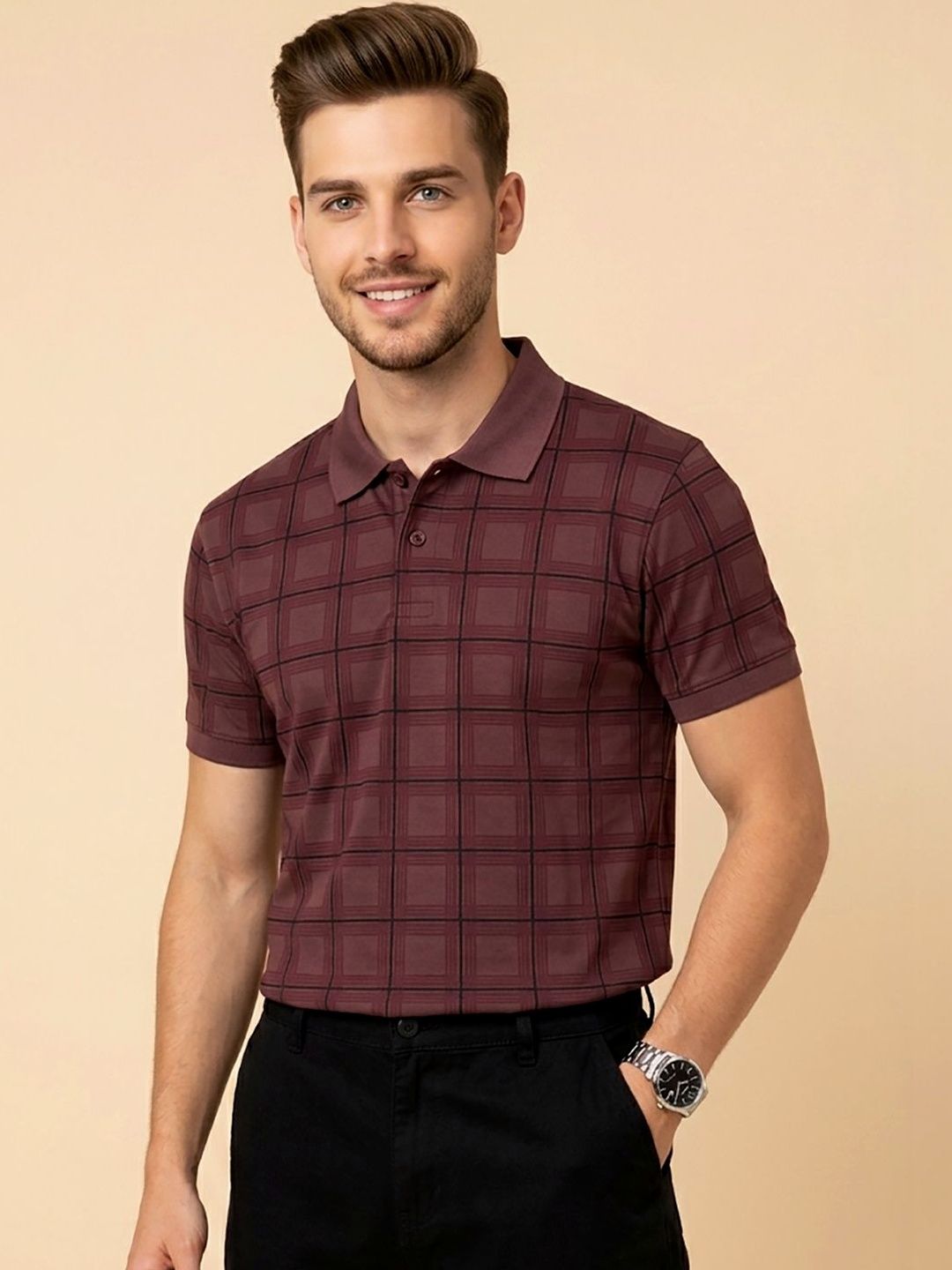CLOUD COTTON Men Checked Polo Collar T-shirt