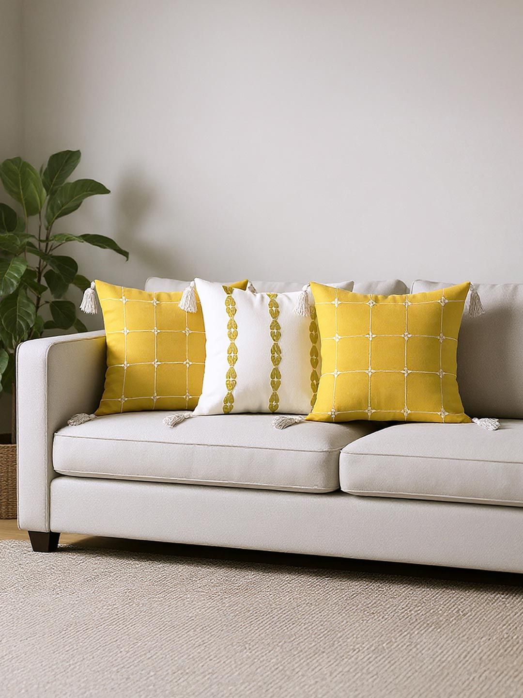 URBAN SPACE Yellow & White Set of 3 Checked Square Cushion Covers