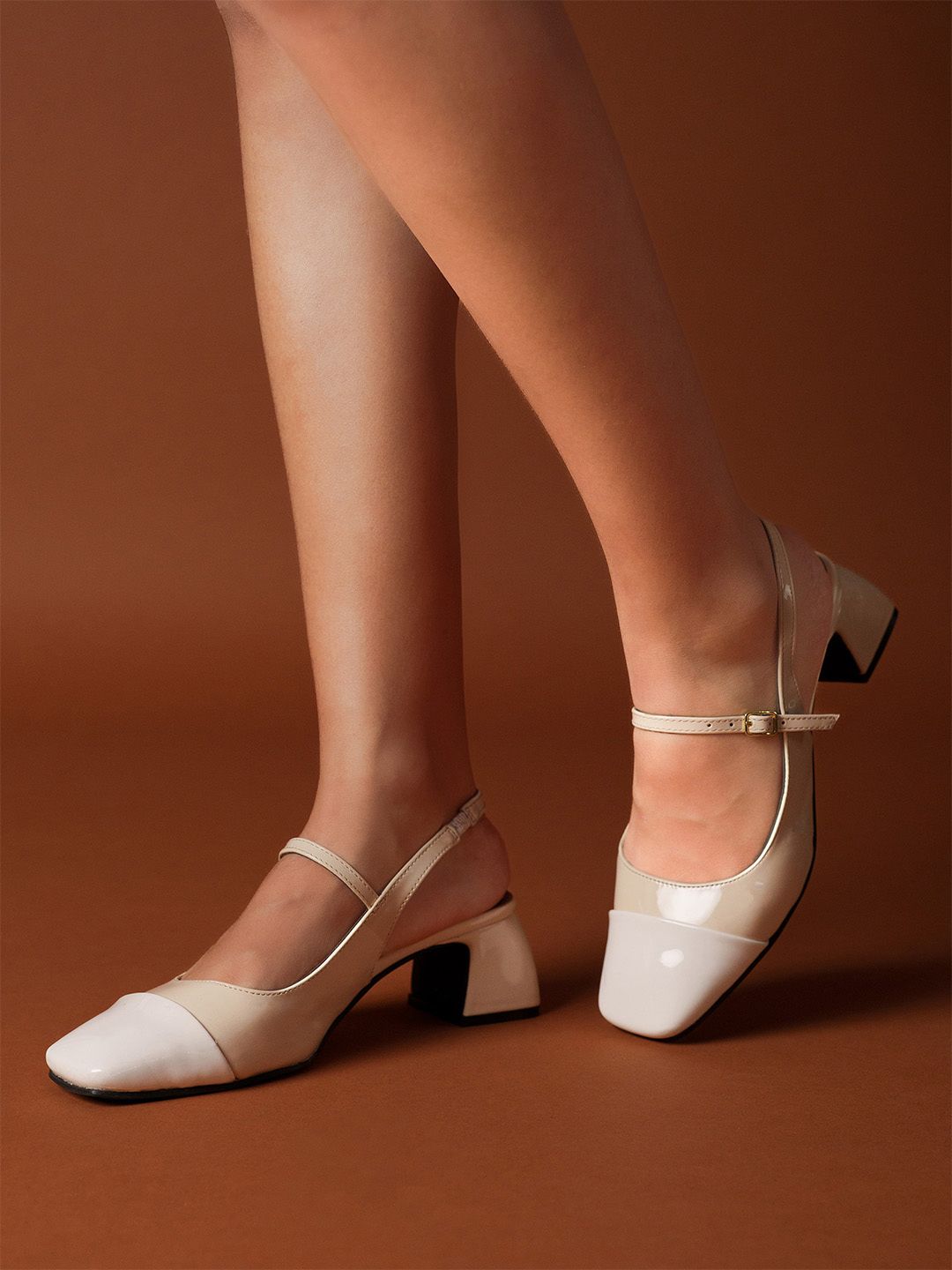 Twiggy Club Paradise Heels Theater Women Twiggy Club Paradise White & Beige Mary Jane Slingback Block Heels