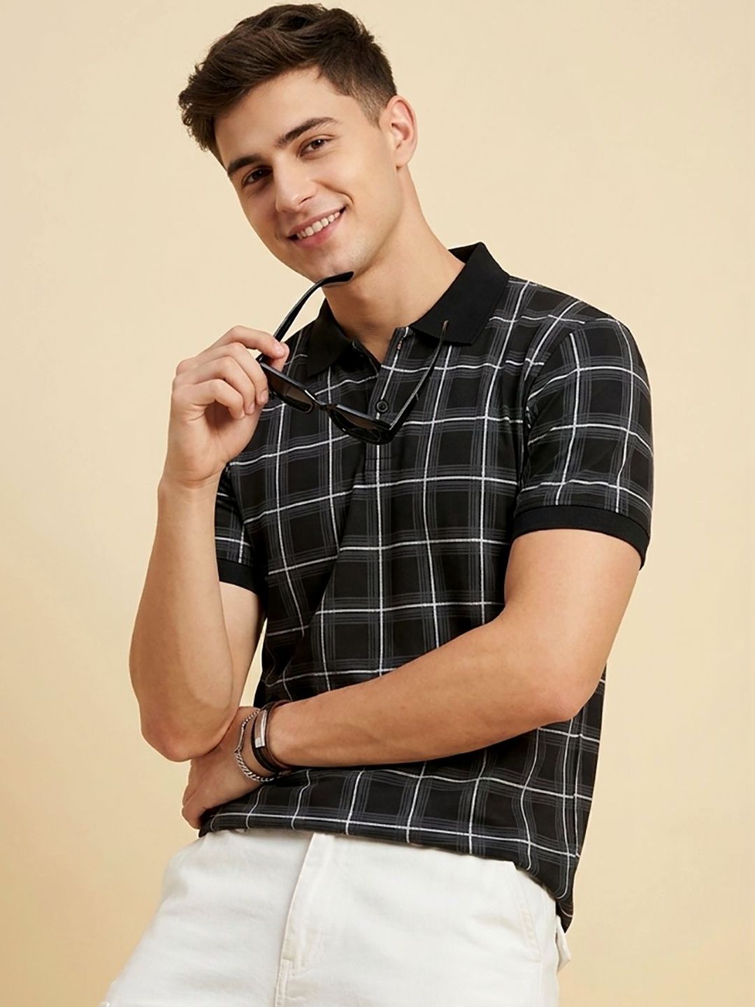 CLOUD COTTON Men Checked Polo Collar T-shirt