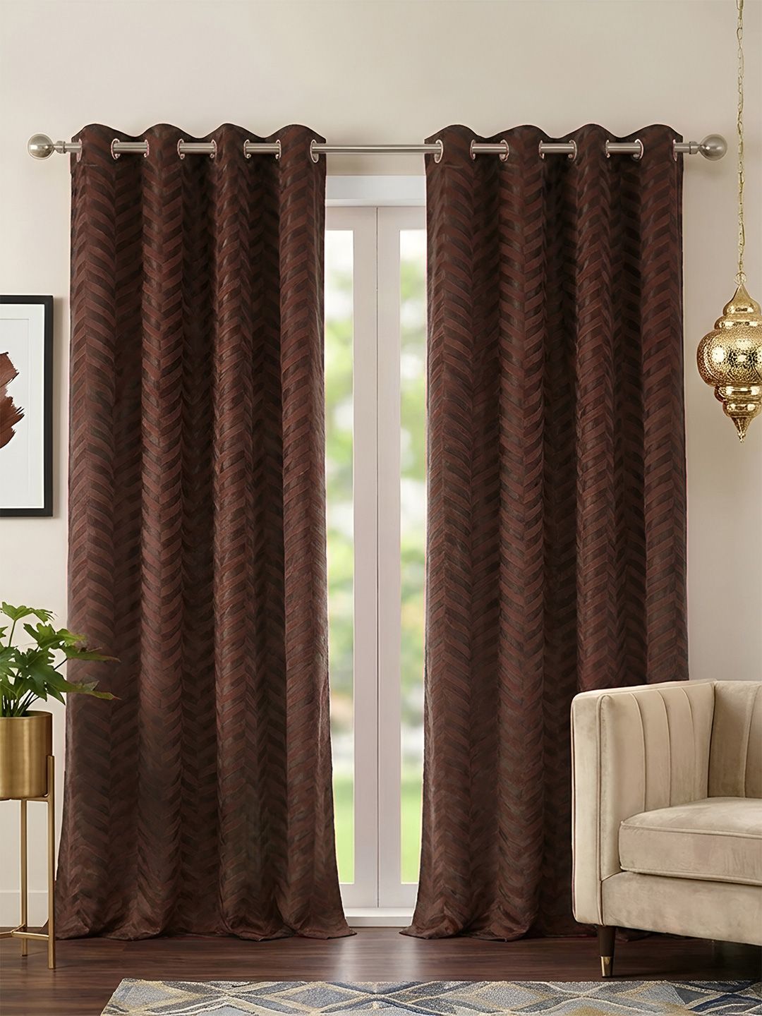 Story@home Brown Set of 2 Geometric Room Darkening Door Curtain