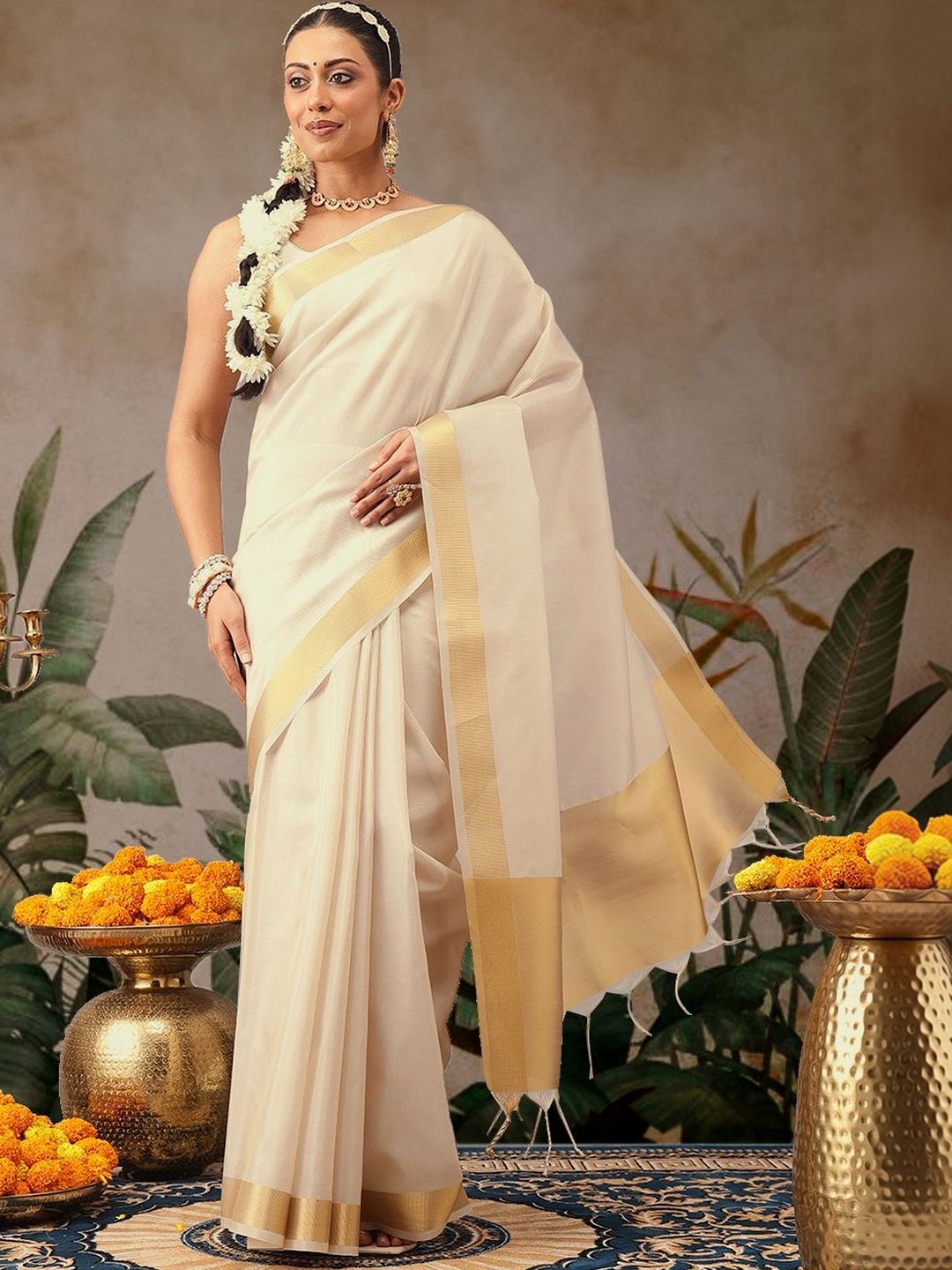 Silk Land Woven Design Zari Silk Blend Fusion Kasavu Saree