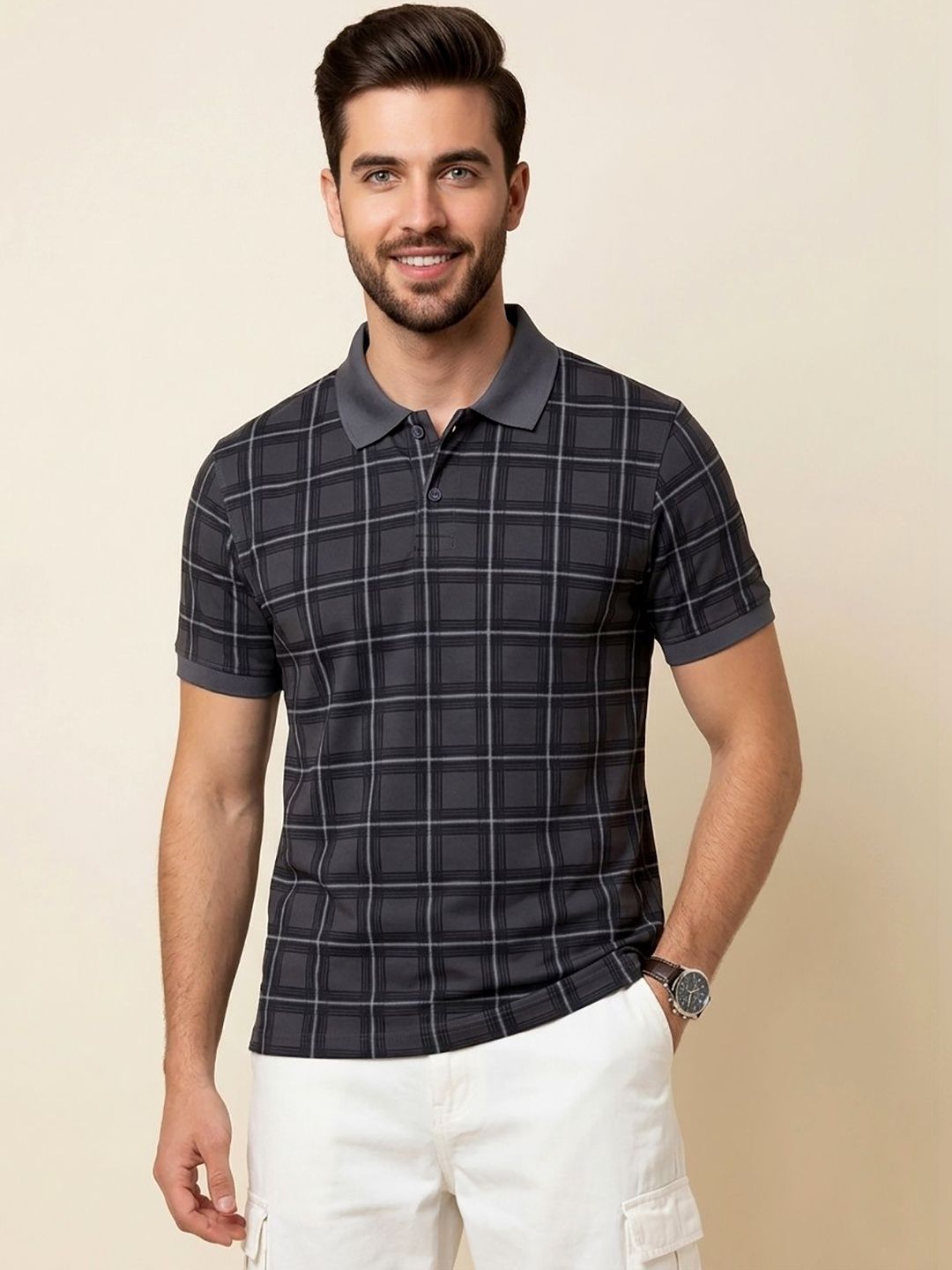 CLOUD COTTON Men Checked Polo Collar T-shirt