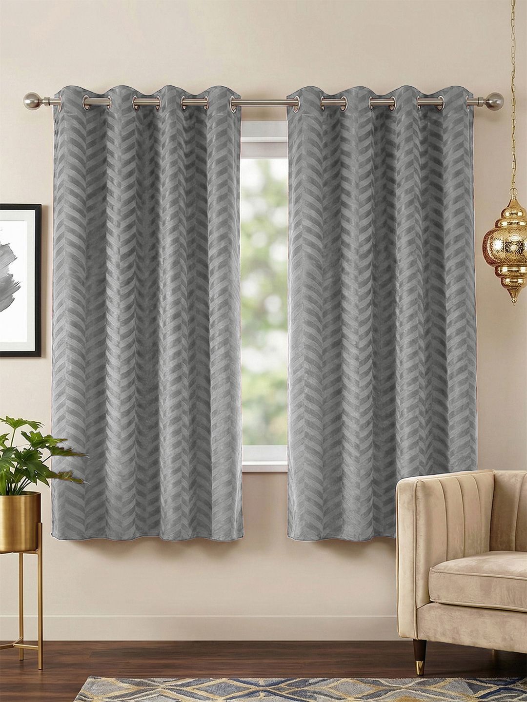 Story@home Grey Melange Set of 2 Geometric Room Darkening Window Curtain