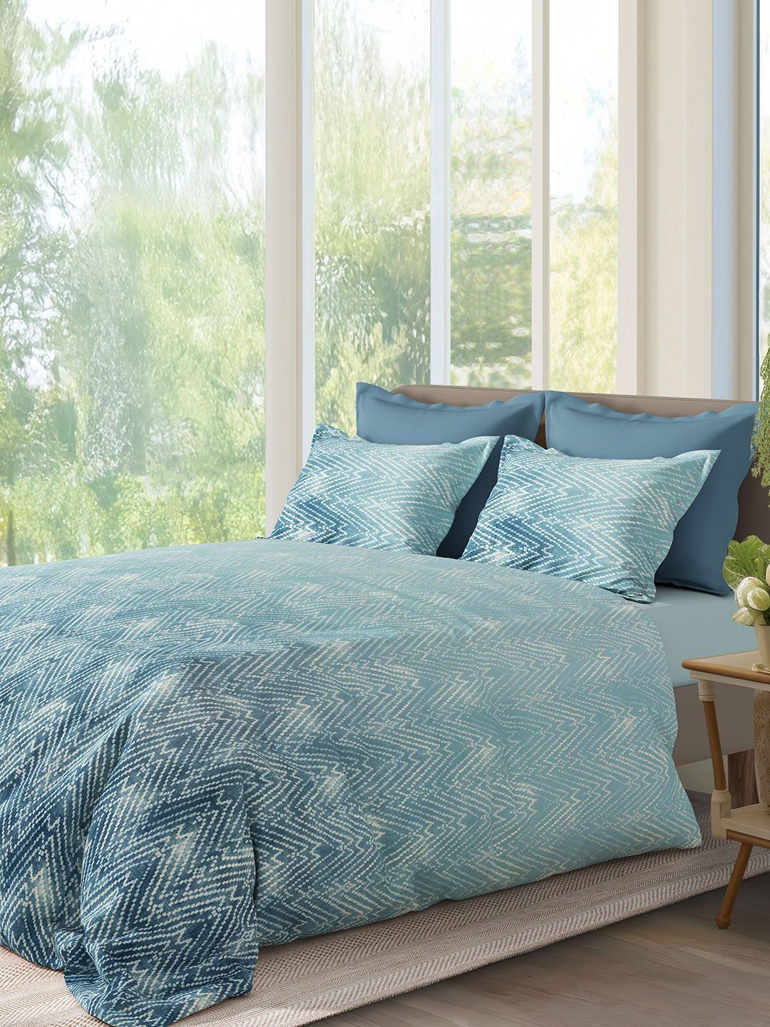 SANSAAR A DDECOR BRAND LIVE CONSCIOUSLY Blue Self Design Cotton 3 Piece Double King Superfine Bedding Set
