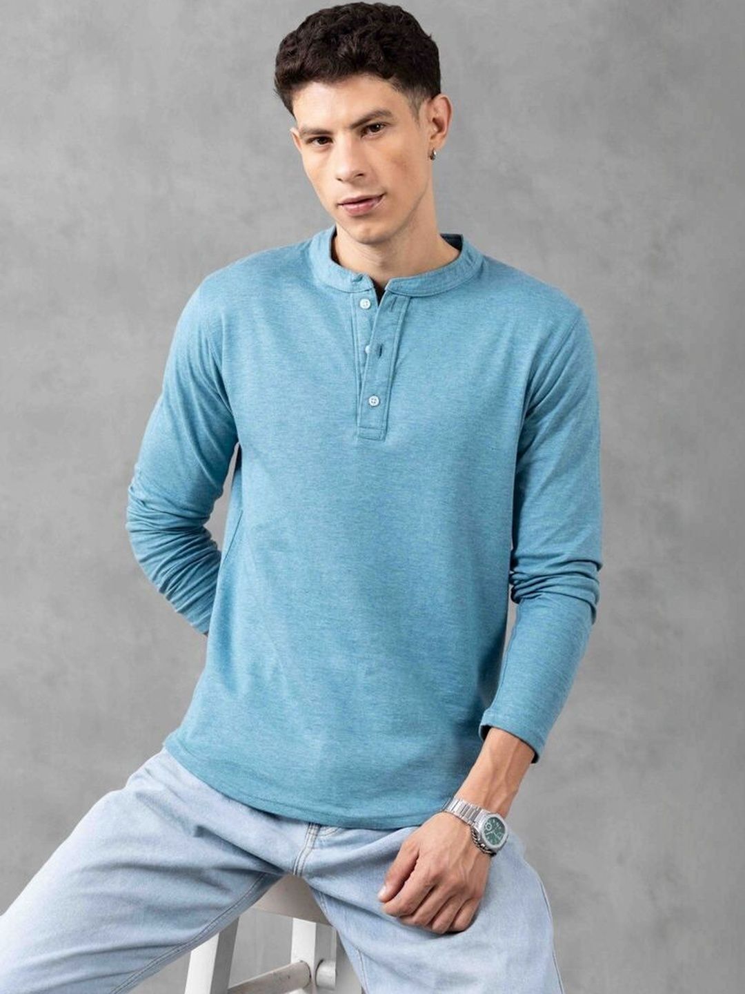 GRITSTONES Men Henley Neck Pure Cotton T-shirt