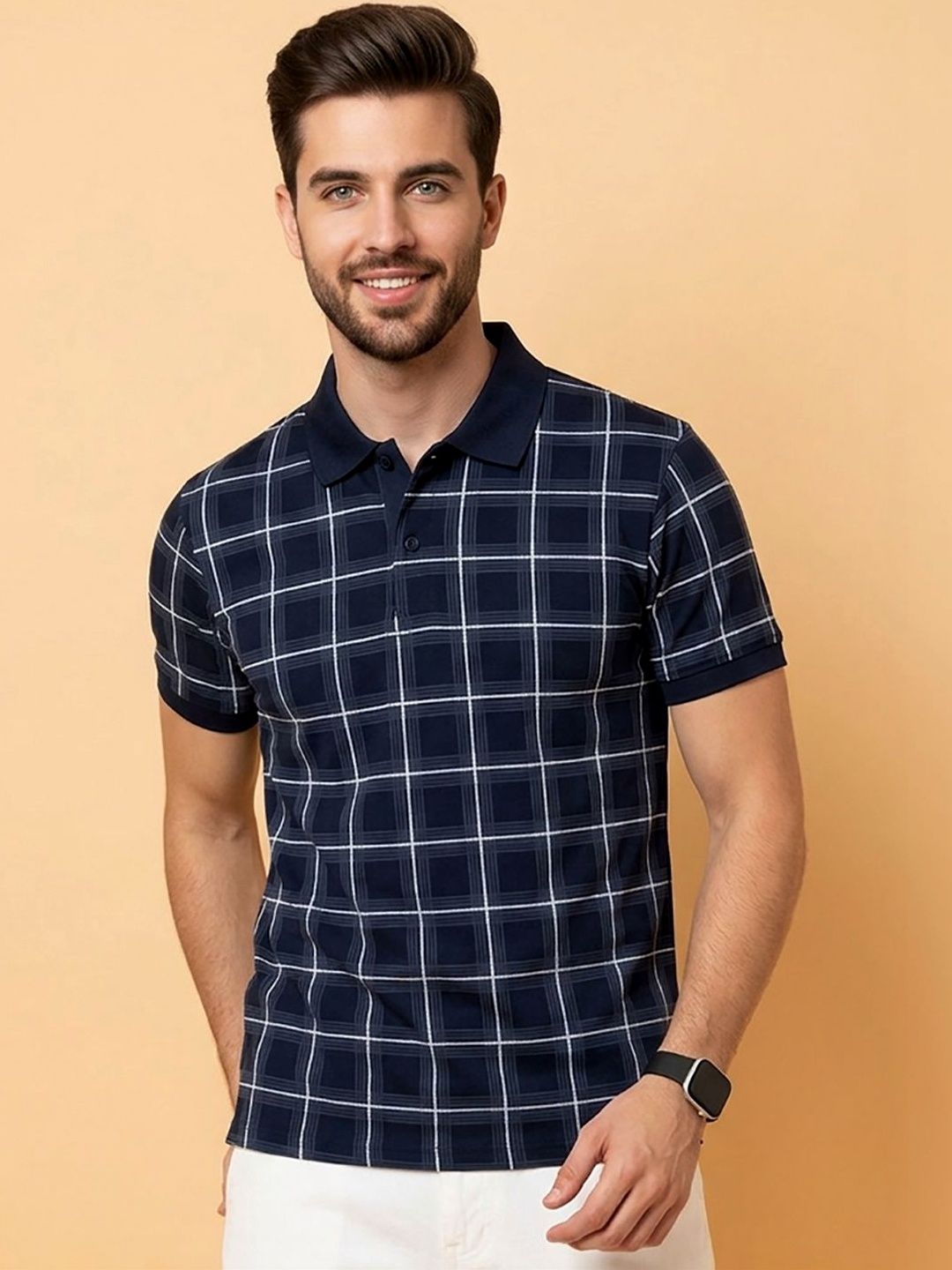 CLOUD COTTON Men Checked Polo Collar T-shirt