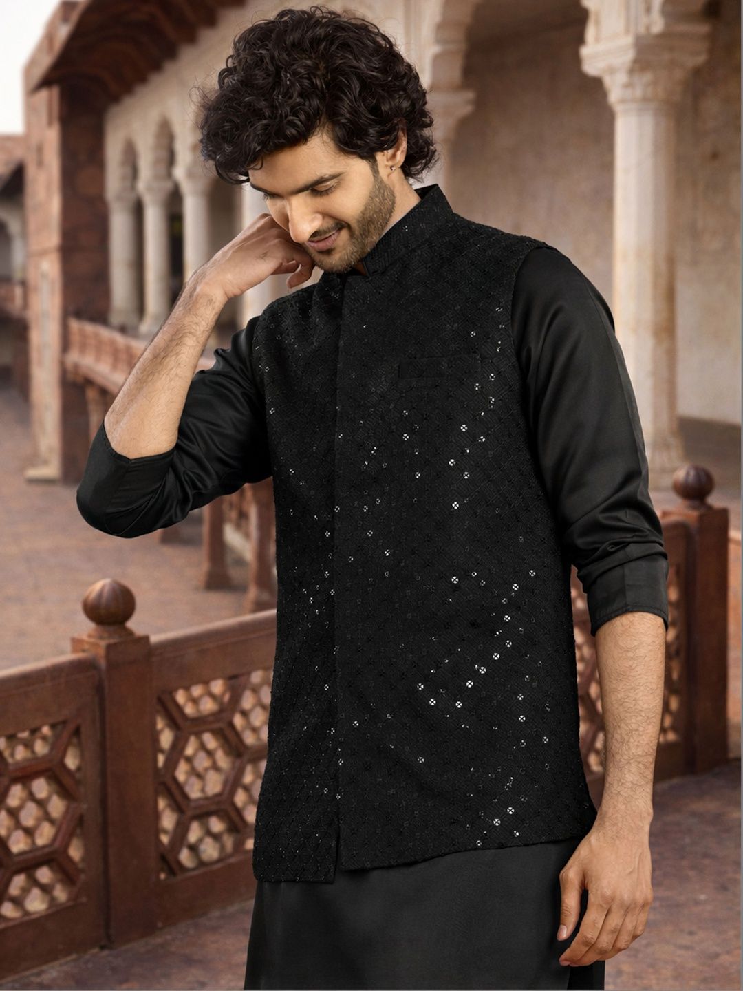VASTRAMAY Sequin Embroidered Mandarin Collared Nehru Jackets
