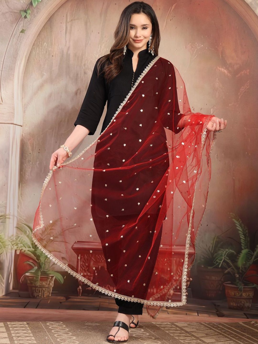 Clora Creation Ethnic Motifs Embroidered Dupatta with Gotta Patti
