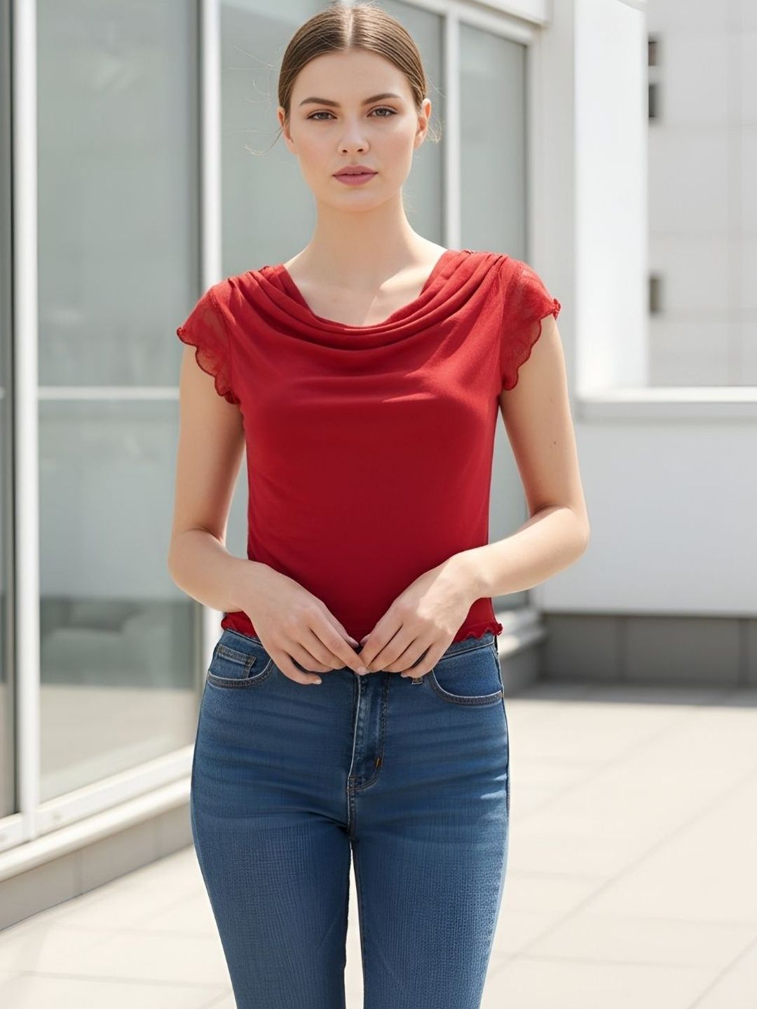 STYLOBABE Cowl Neck Net Crop Top