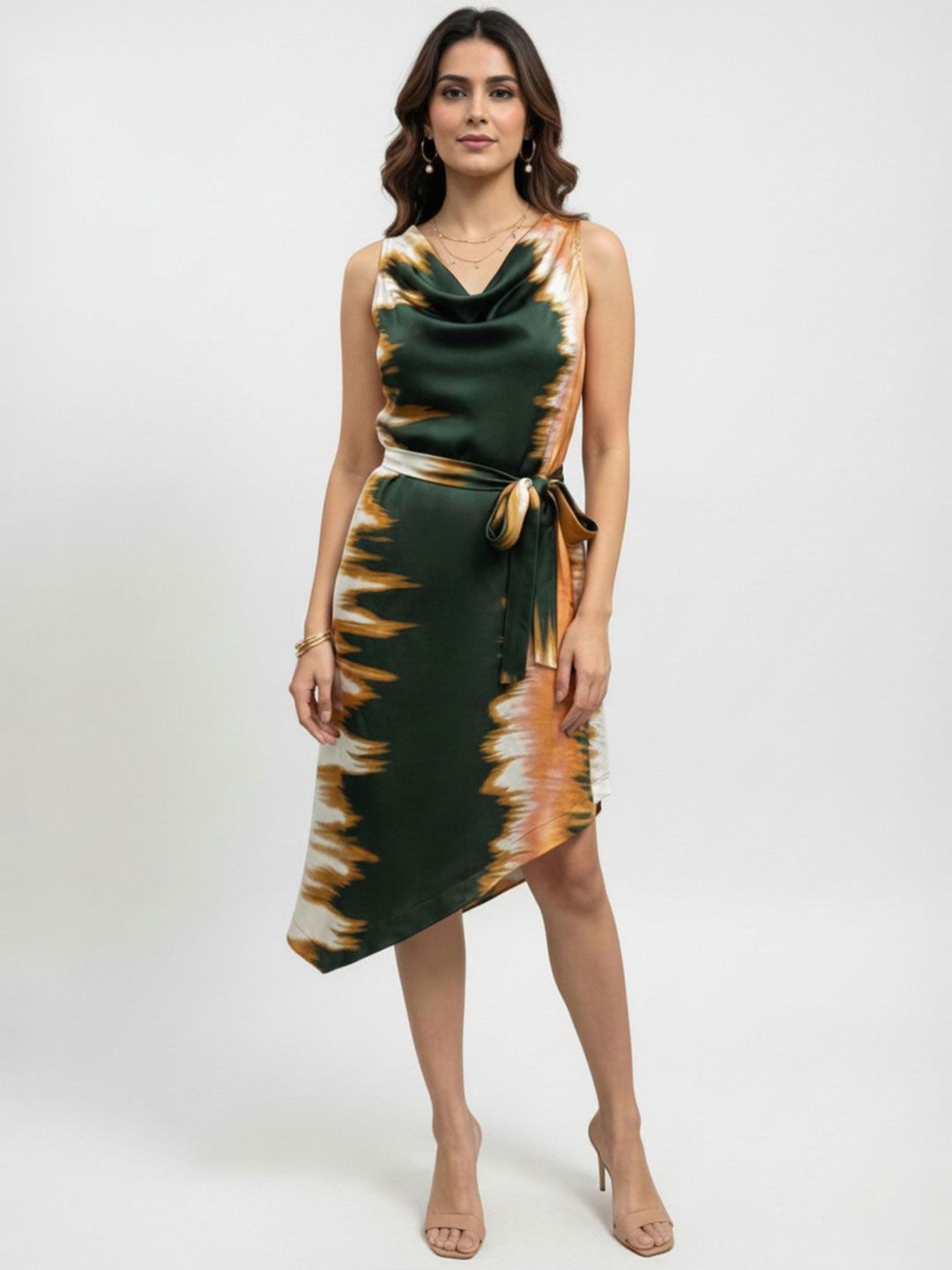 Tamiska By Narendra Kumar Tamiska By Narendra Kumar Print Cowl Neck Fit & Flare Dress
