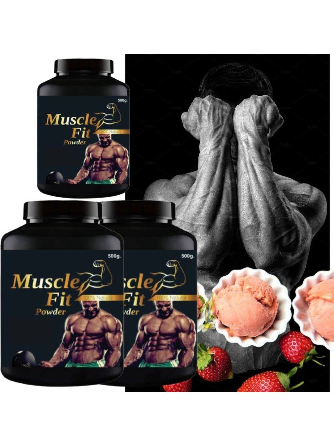 HINDUSTAN AYURVEDA HINDUSTAN AYURVEDA Set Of 3 Muscle Fit Powder- 500 g Each- Strawberry