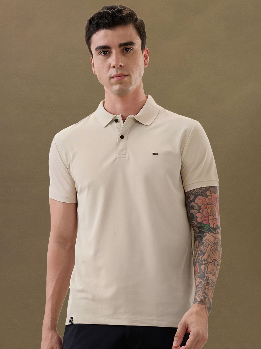 Nostrum Cherry Half Sleeve Beige Plain Polo T-shirt