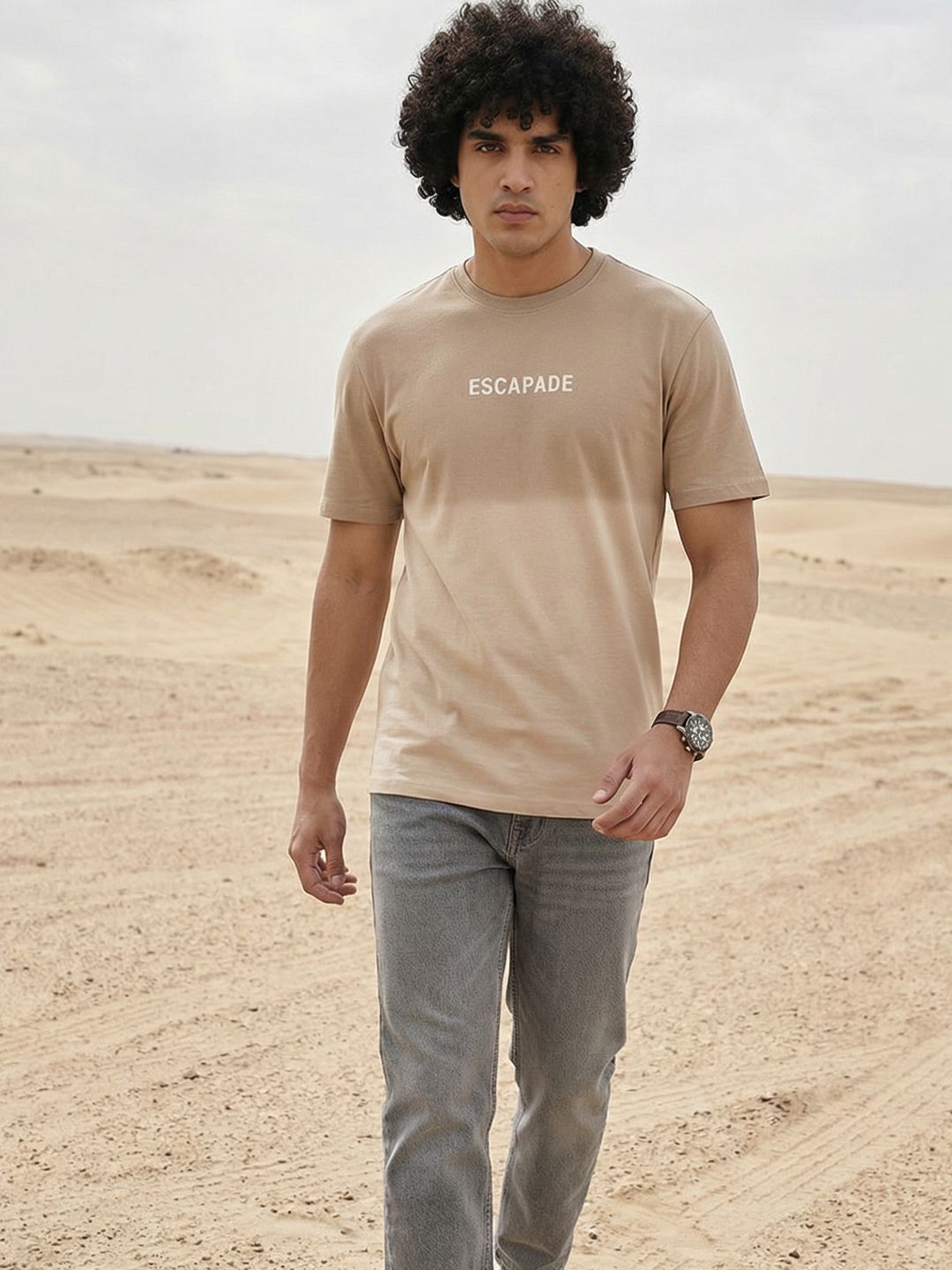 The Roadster Life Co. Dyed Effect Typography Printed Pure Cotton T-shirt