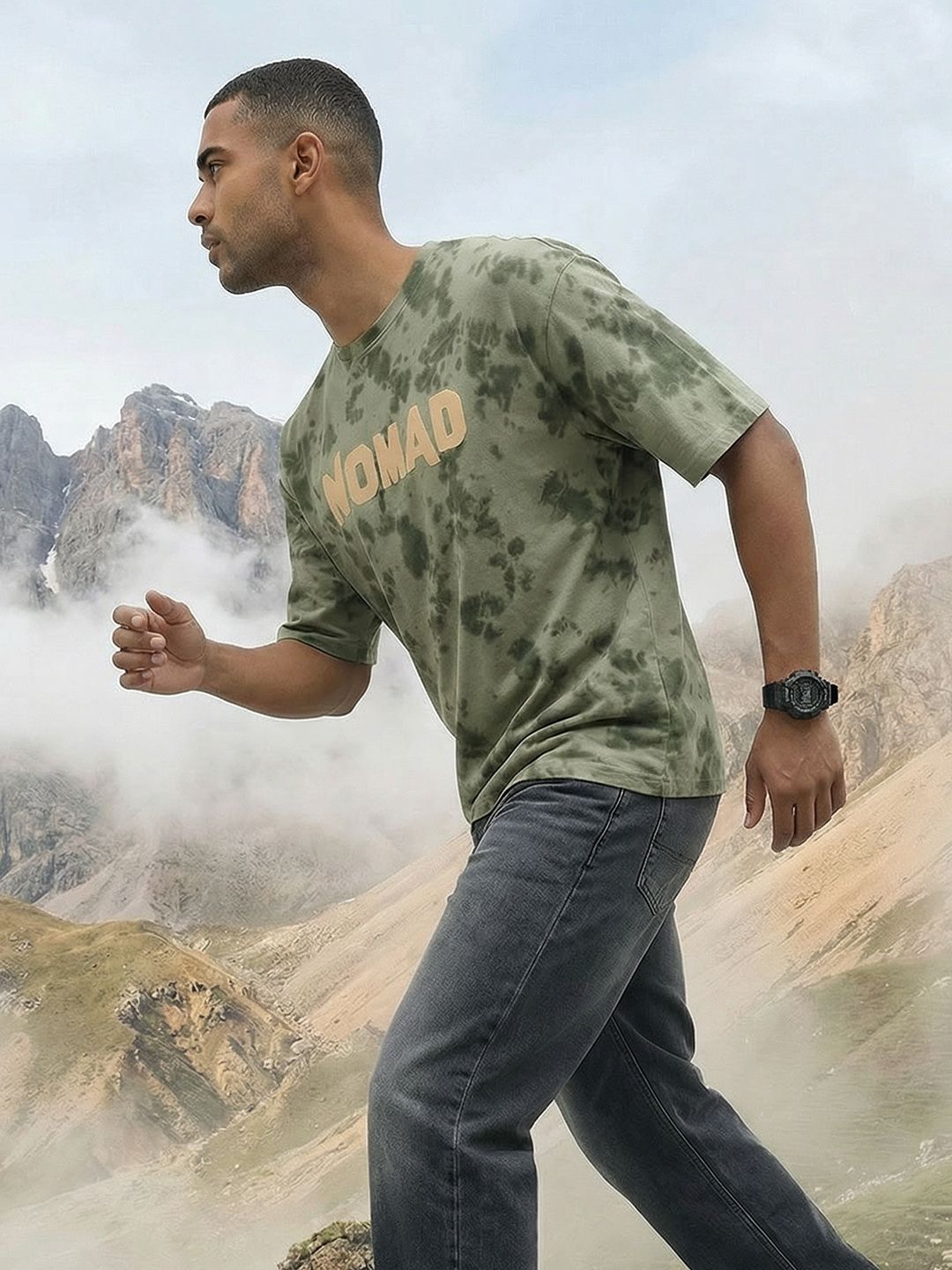 The Roadster Life Co. Relaxed Fit Dyed Effect Typography Printed Pure Cotton T-shirt