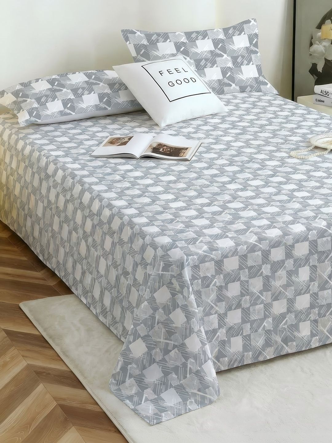 Story@home Story@home Grey & Grey Melange Geometric 186 TC Bedsheet with 2 Pillow Covers