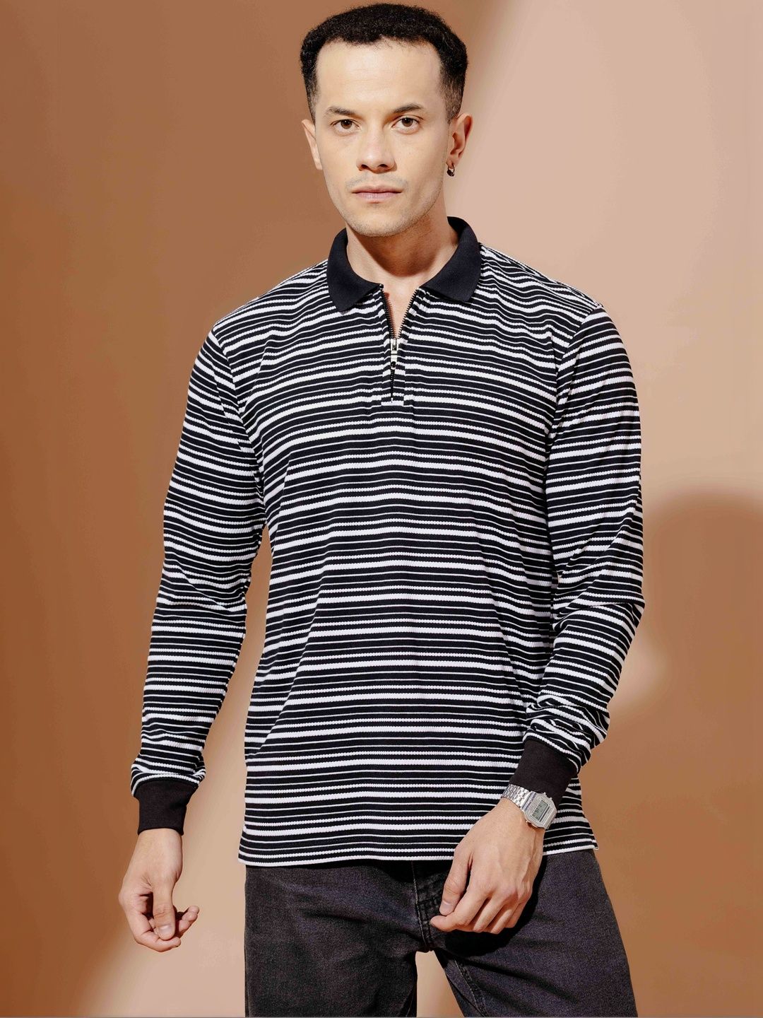 GRITSTONES Men Striped Polo Collar Pure Cotton T-shirt