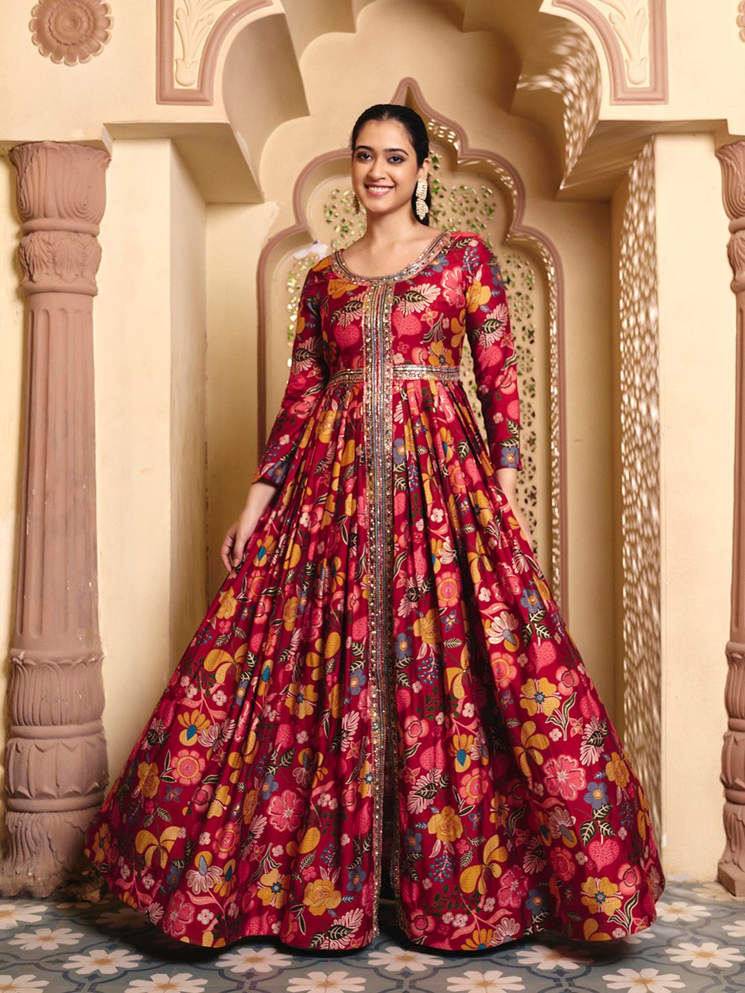 MADHURAM Printed Round Neck Gown Maxi Dress