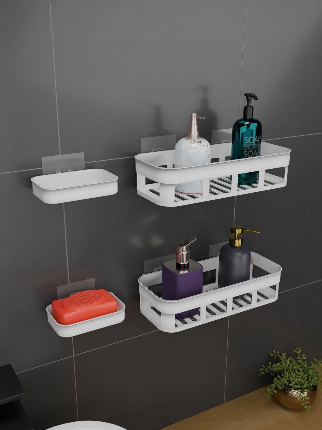 BESTZONE RETAIL MALL White 4 piece Solid No Drill Wall Mounted Plastic Bathroom Caddy