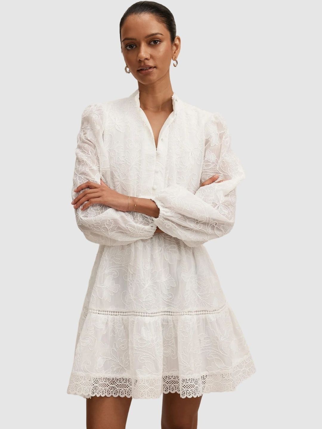 Forever New Forever New Embroidered Bishop Sleeve Fit & Flare Mini Dress