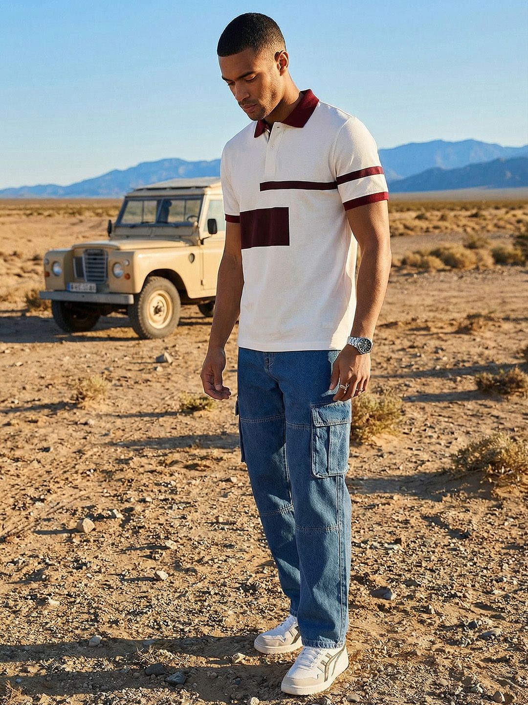 The Roadster Life Co. Colourblocked Polo Collar T-shirt
