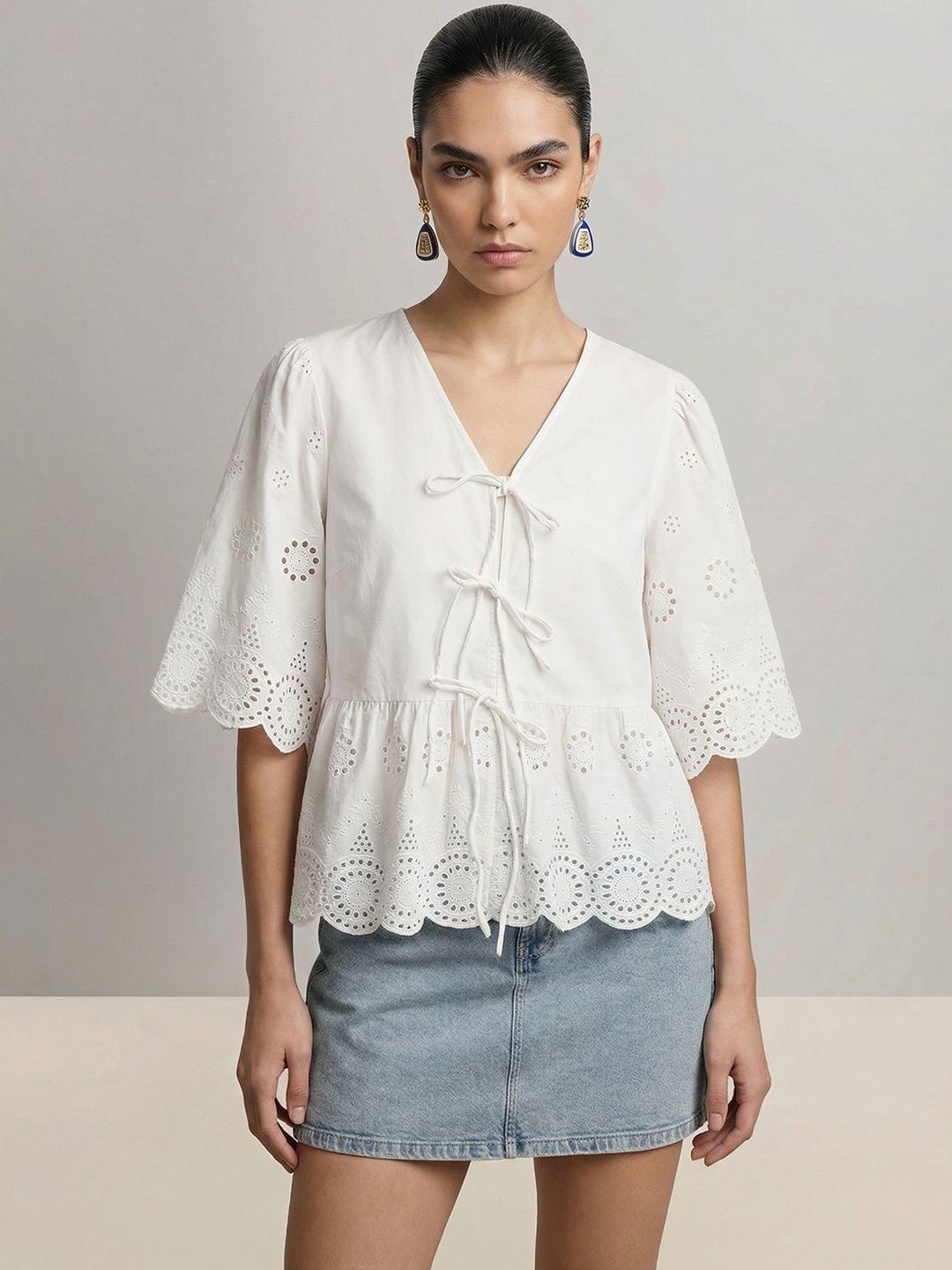 Flared Sleeve Peplum Top Vero Moda Flared Sleeve Cotton Peplum Top