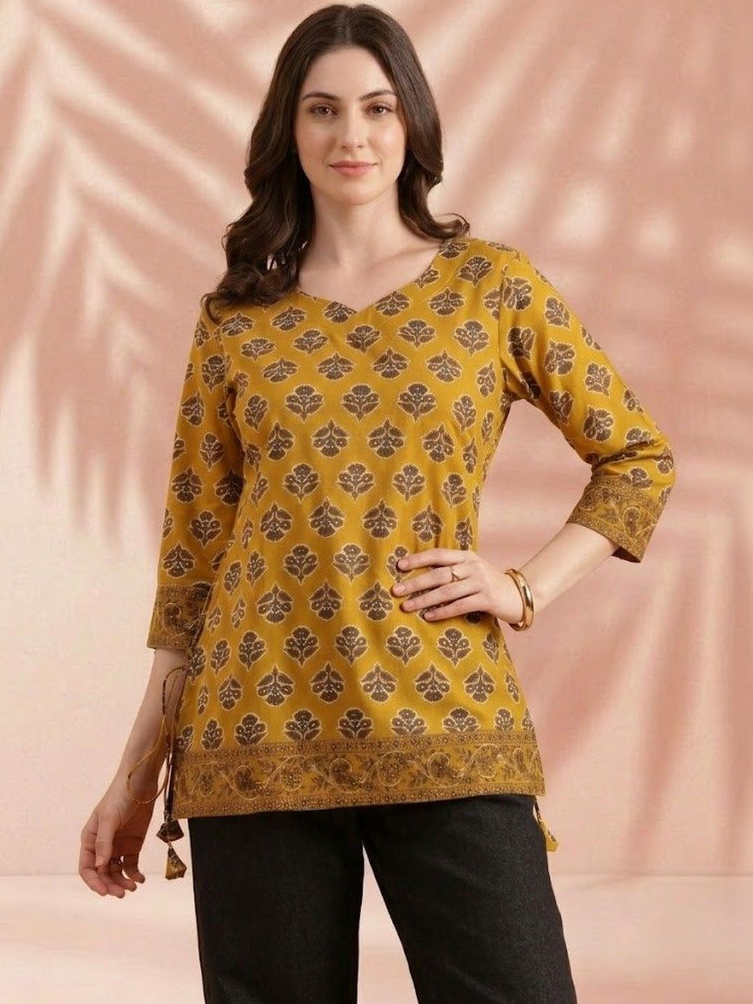 SZN Print Sweetheart Neck Cotton three-quarter Top