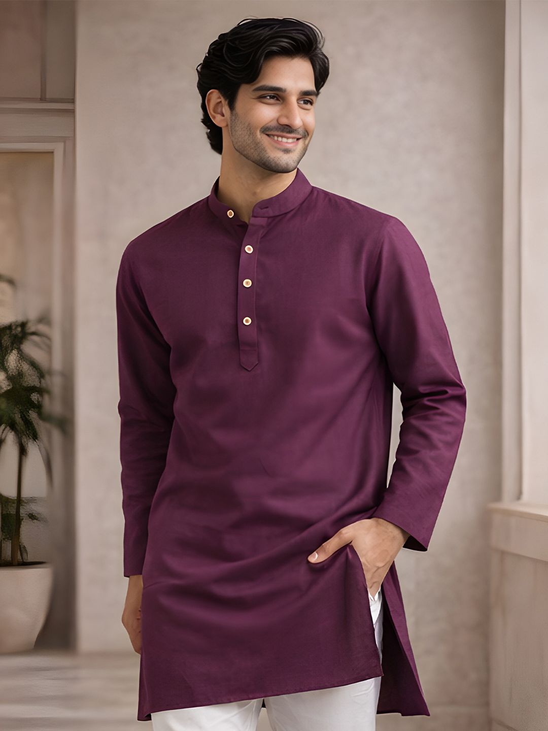 TATTVA Men Thread Work Mandarin Collar Kurta