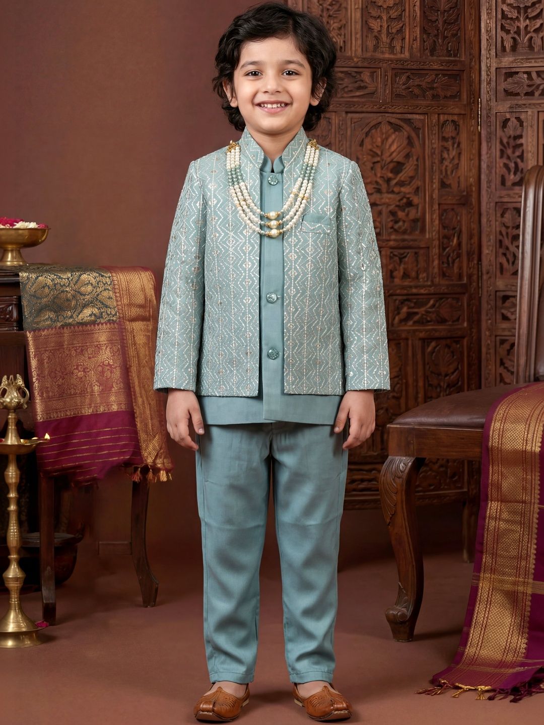 Sangria Boys  Chevron Sequined Sherwani Set With Jacket & Necklace