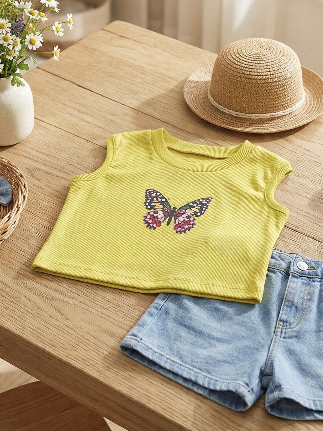 TRUFFLES Girls Lime Green Butterfly Graphic Print Ribbed Crop Tops