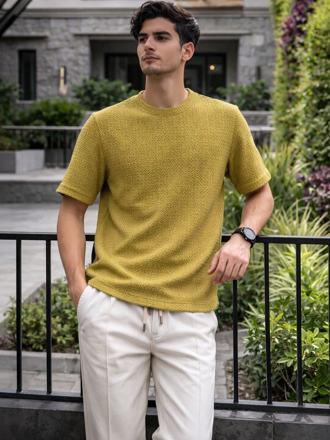 HERE&NOW Men Self Design Round Neck Regular Fit T-shirt