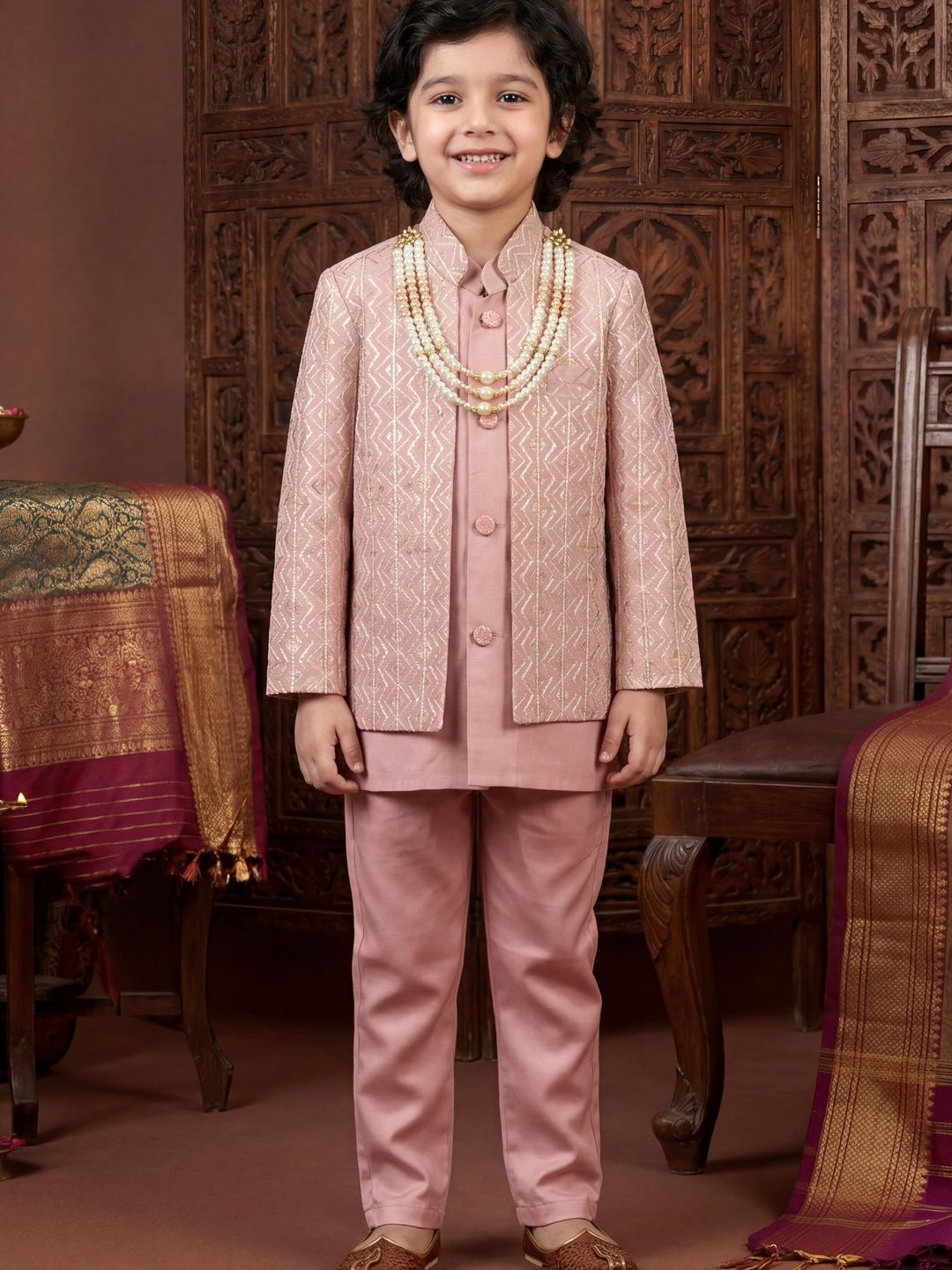 Sangria Boys Chevron Sequined Sherwani Set With Jacket & Necklace