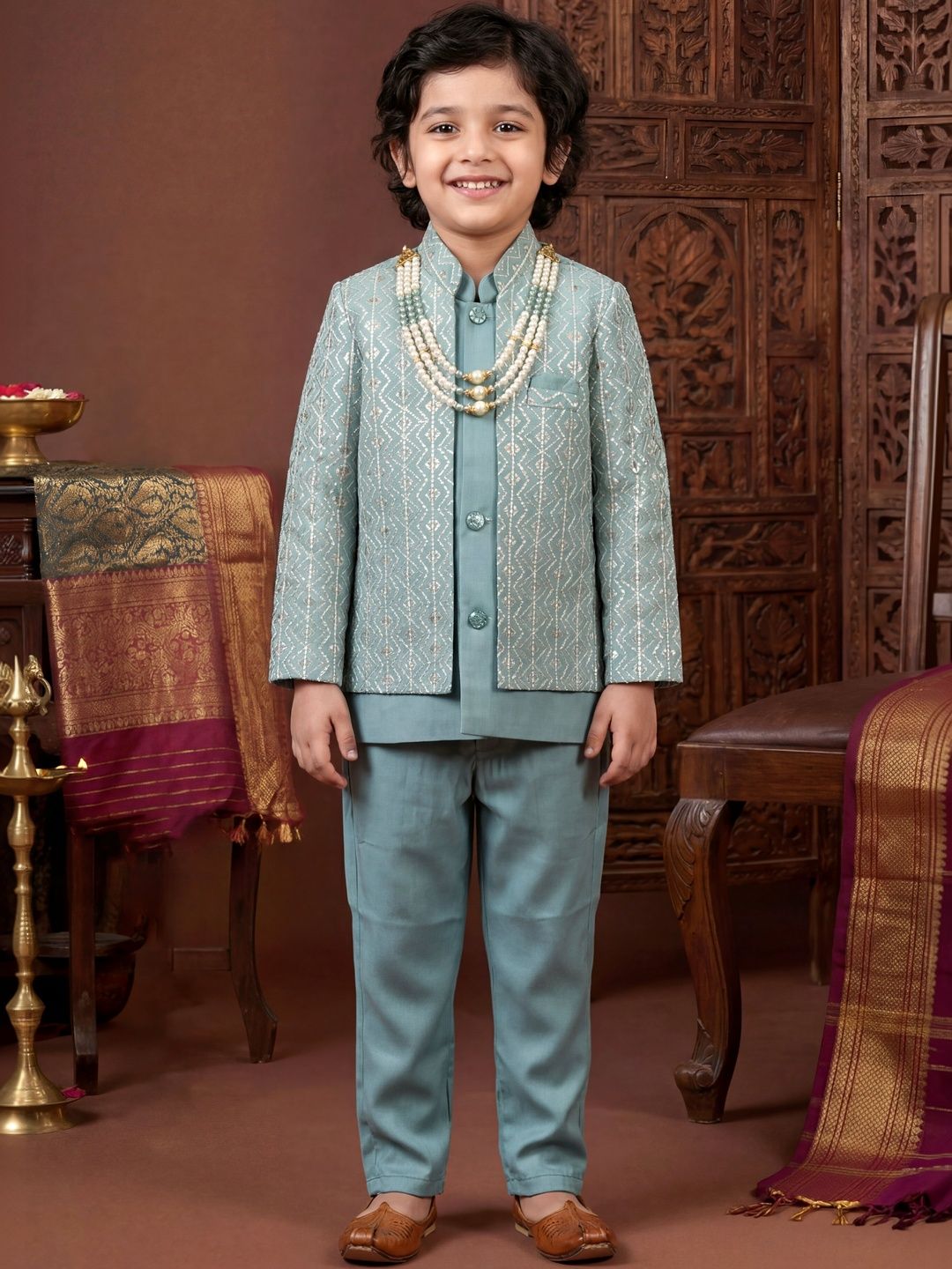 Sangria Boys Chevron Sequined Satin Mandarin Collar Sherwani Set with Jacket & Necklace