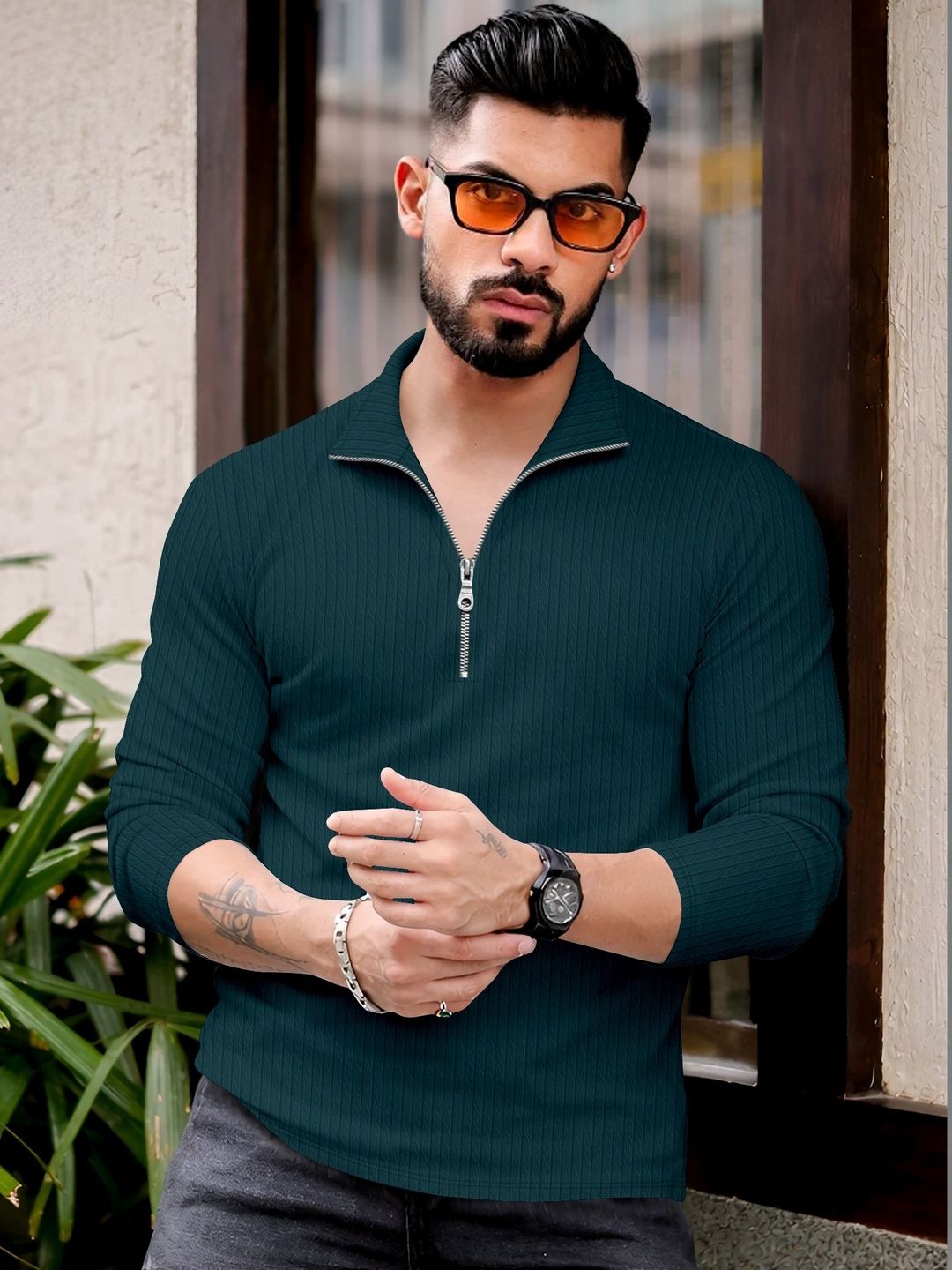 MODALEN Men Textured Polo Zip Neck Collar Tshirts