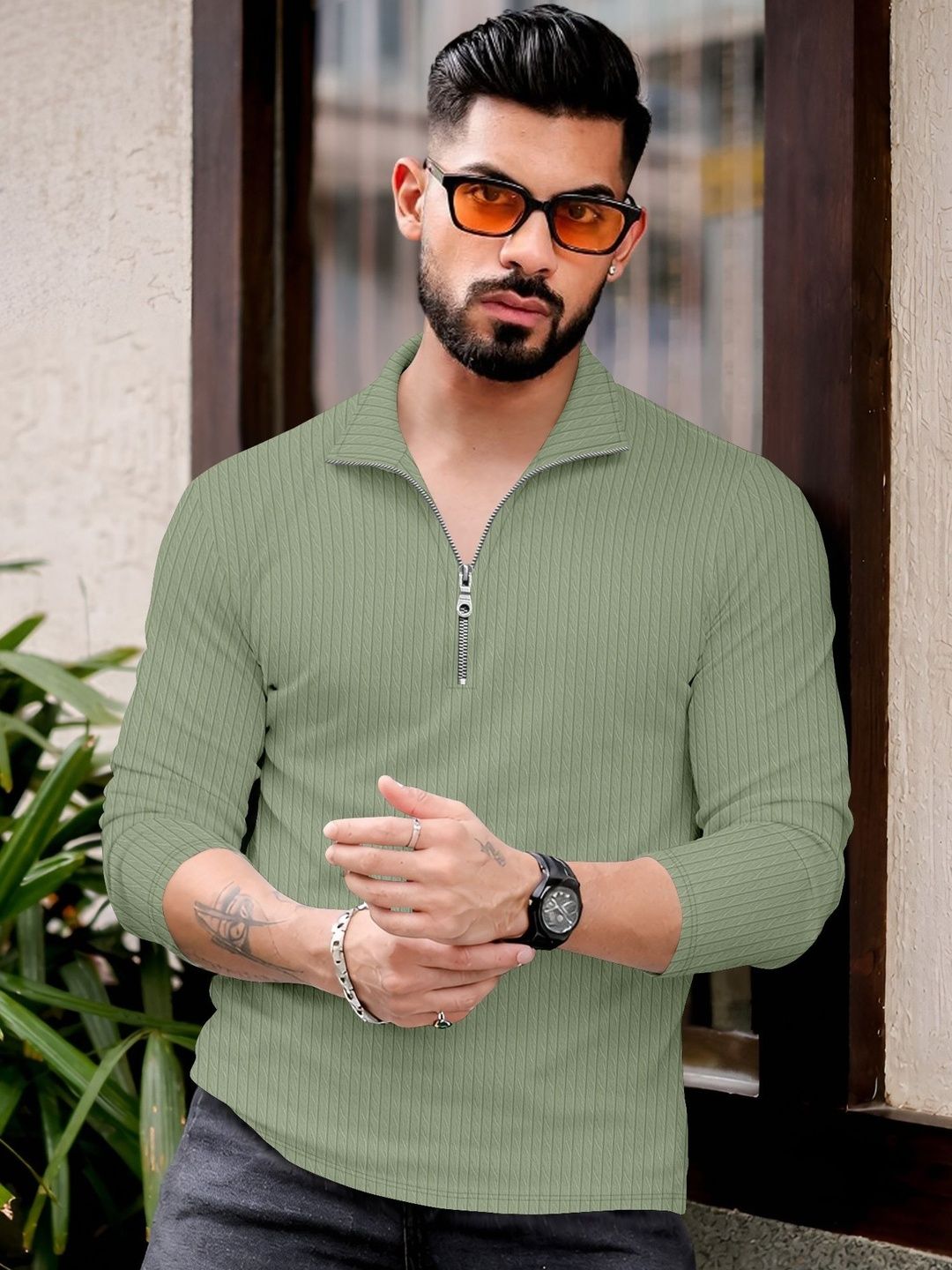 MODALEN Men Textured Polo Zip Neck Collar Tshirts