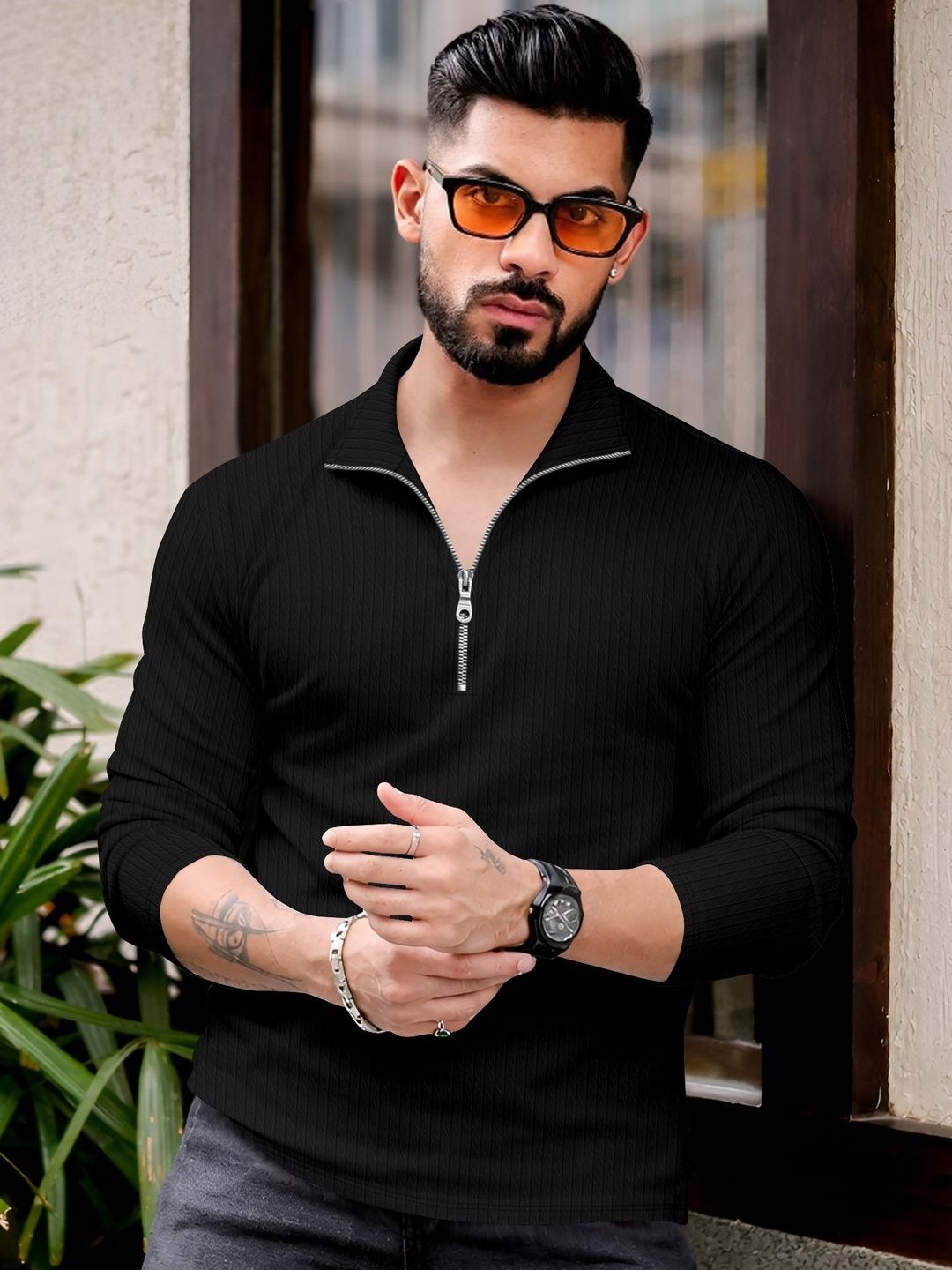 MODALEN Men Textured Polo Zip Neck Collar Tshirts