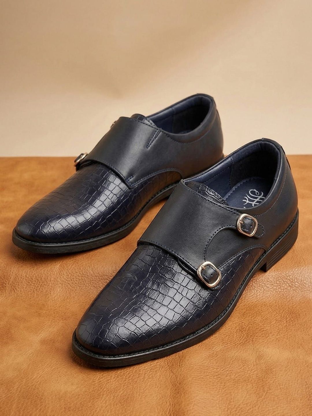 House of Pataudi Men Textured Round Toe Slip-On Monk Formal Shoes