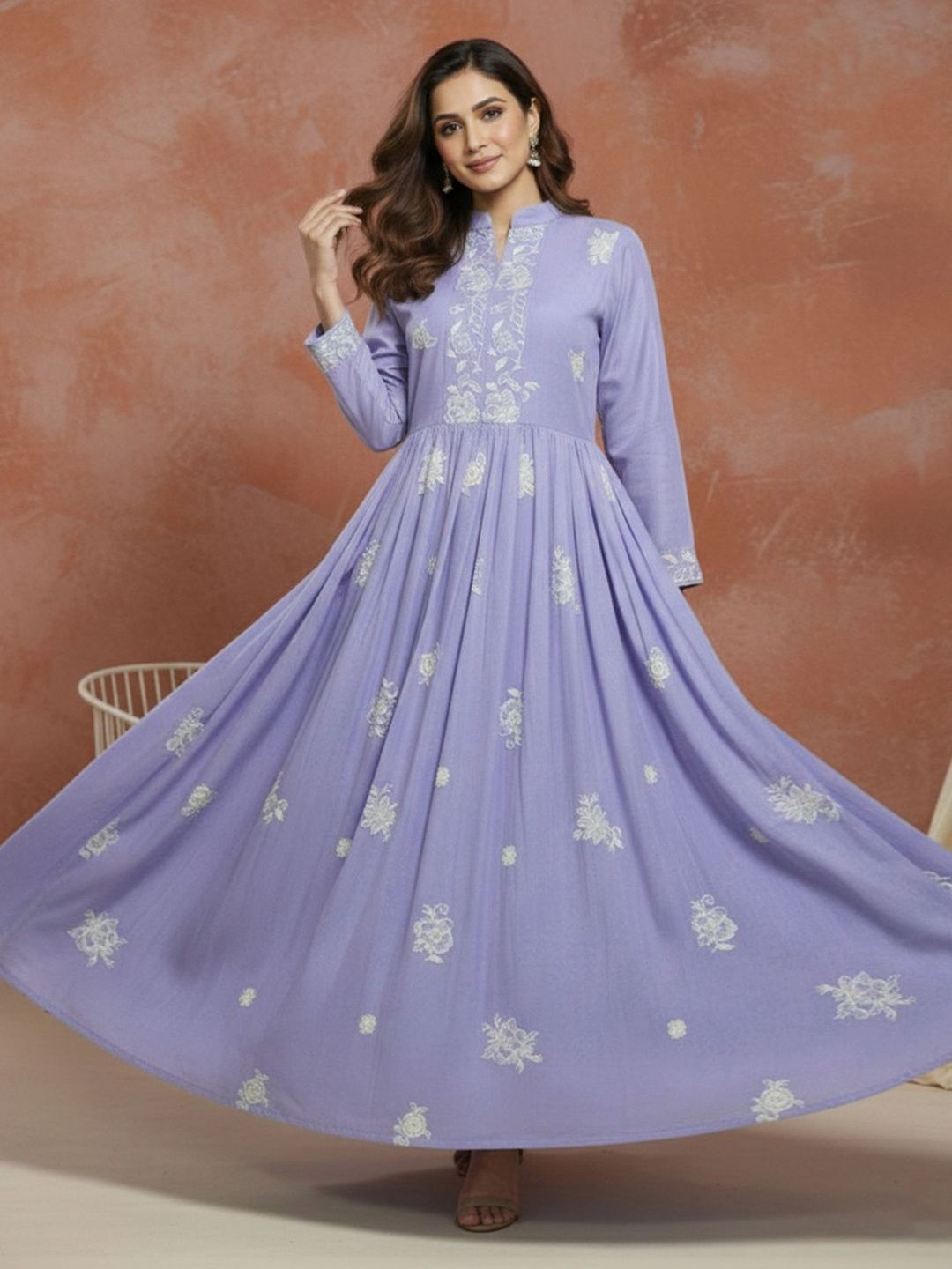Sangria Embroidered Mandarin Collar Fit and Flare Ethnic Dresses