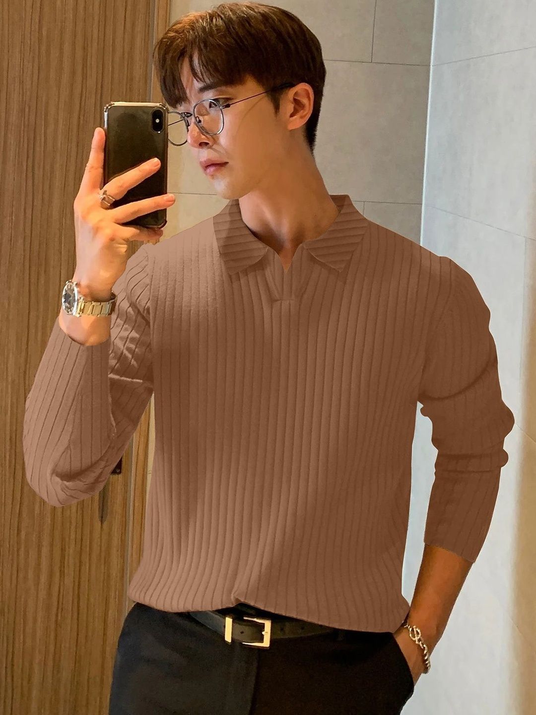 MODALEN Men Textured Polo Collar Tshirts