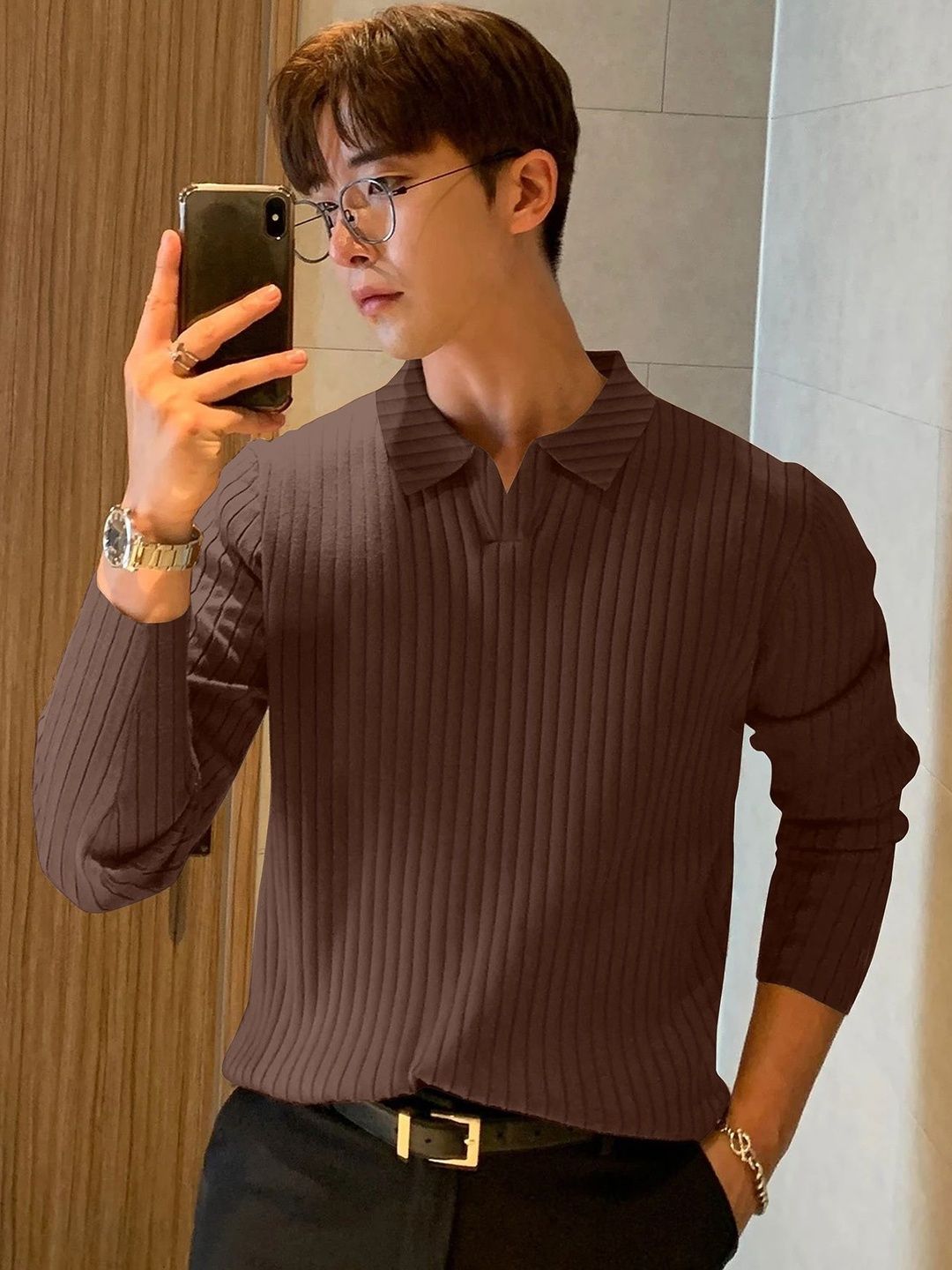 MODALEN Men Textured Polo V Neck Collar Tshirts